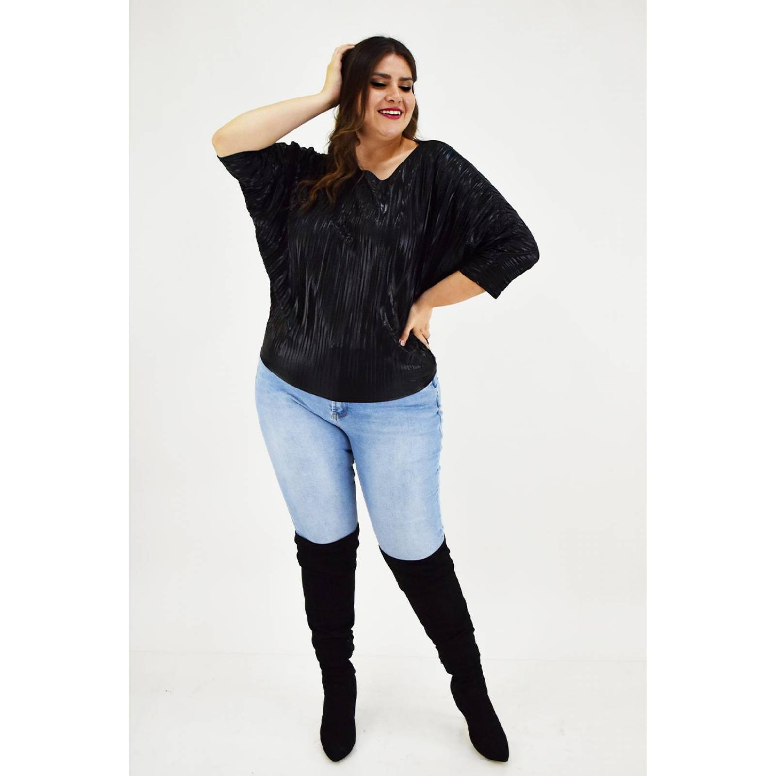 Blusa elegante plisada Roman Fashion /Tallas Extras, 1011 (Negro) 
