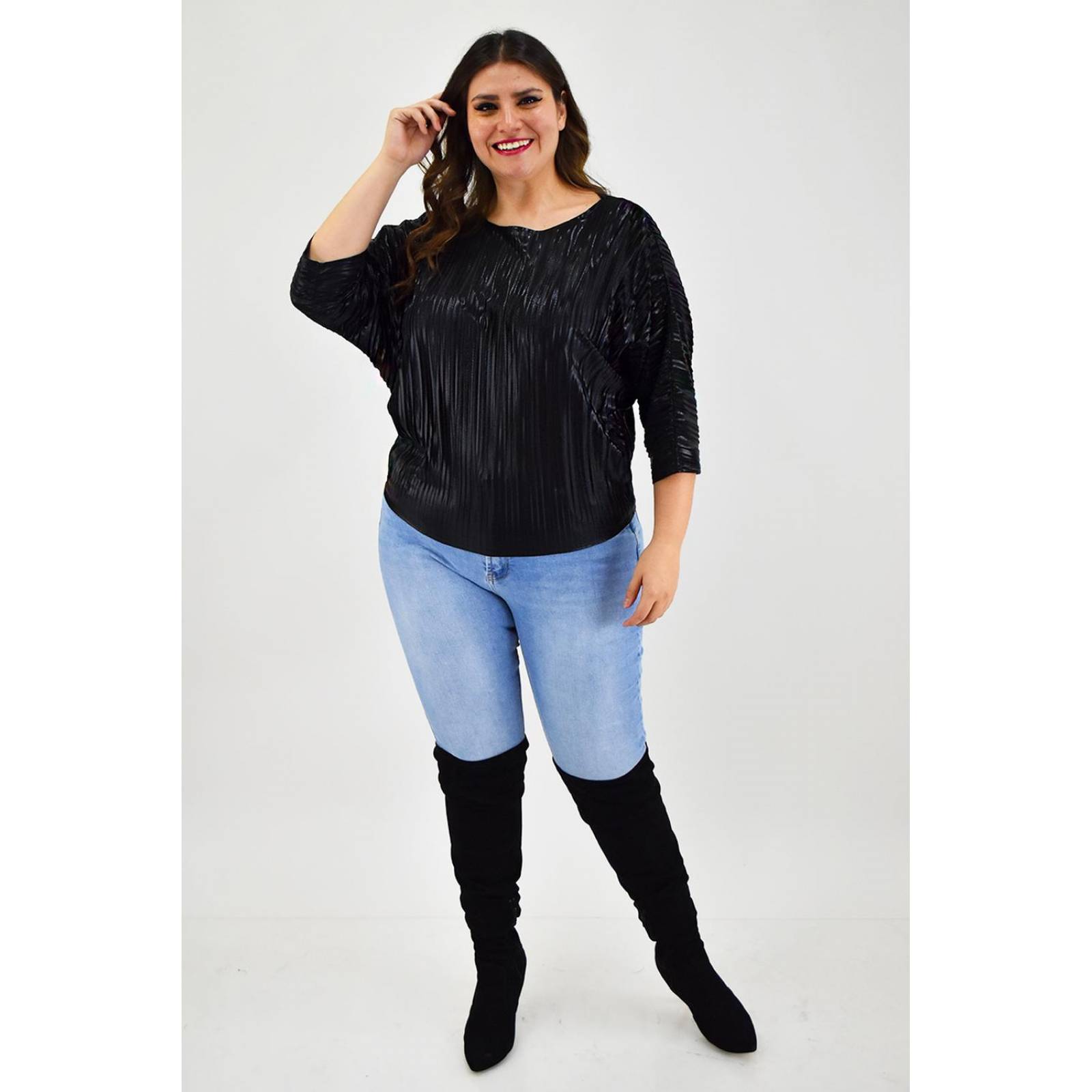 Blusa elegante plisada Roman Fashion /Tallas Extras, 1011 (Negro) 
