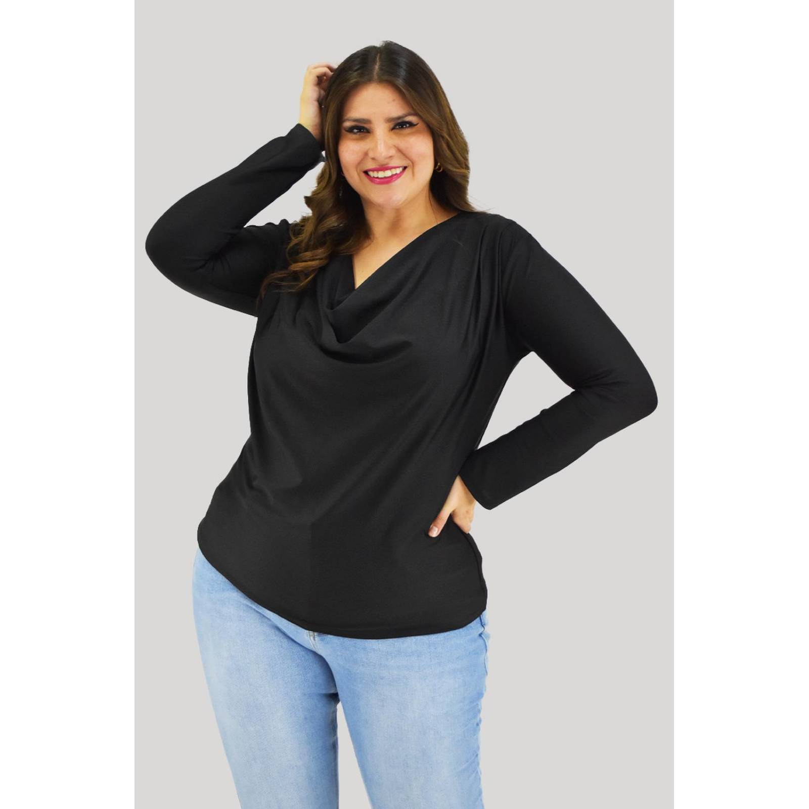 Blusa elegante de satín Roman fashion /Tallas Extras, 1787 (Negro) 