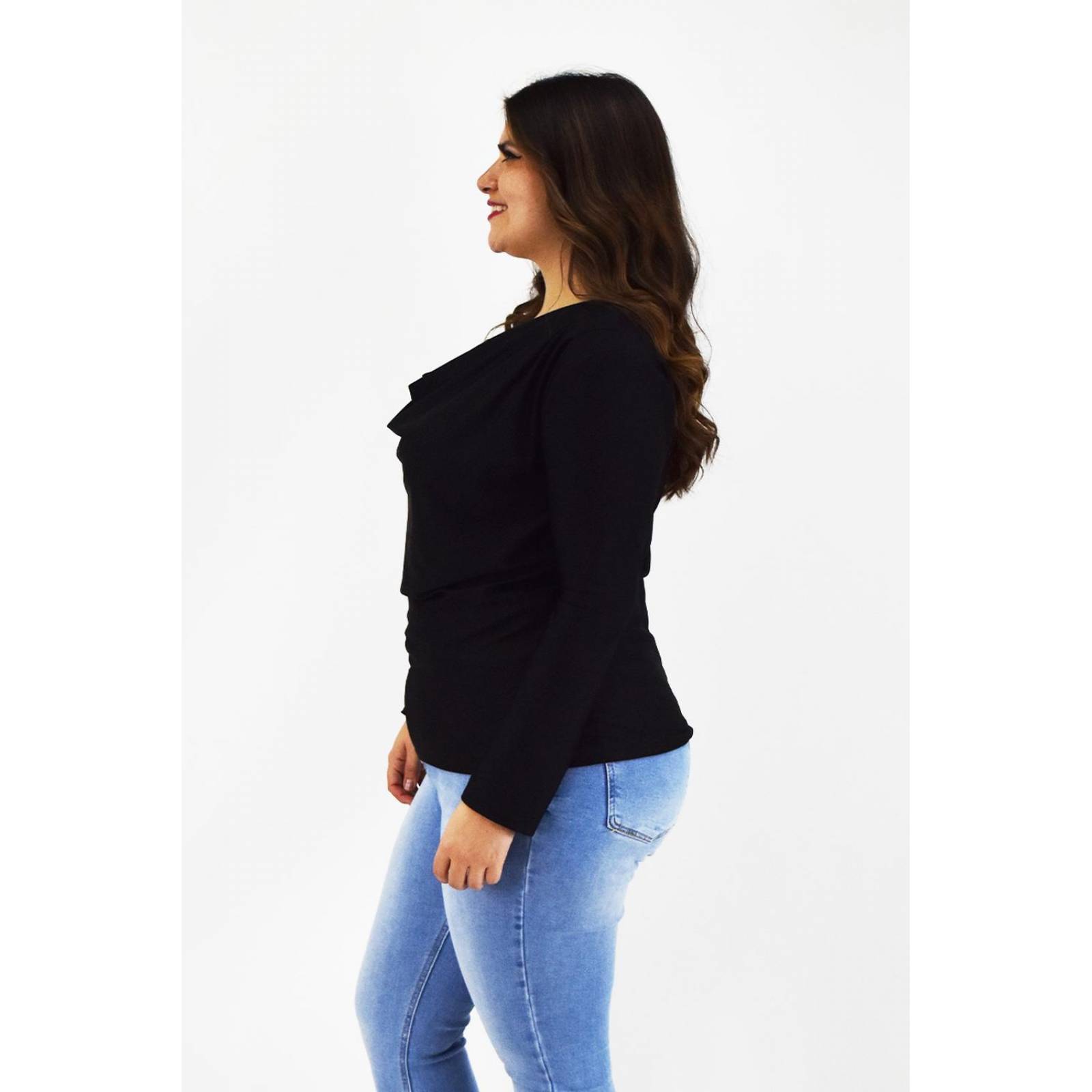 Blusa elegante de satín Roman fashion /Tallas Extras, 1787 (Negro) 