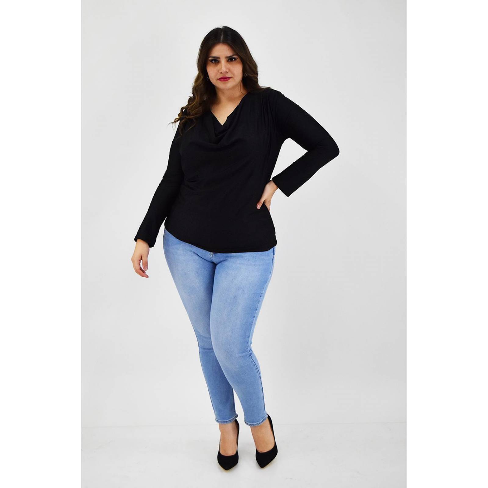 Blusa elegante de satín Roman fashion /Tallas Extras, 1787 (Negro) 