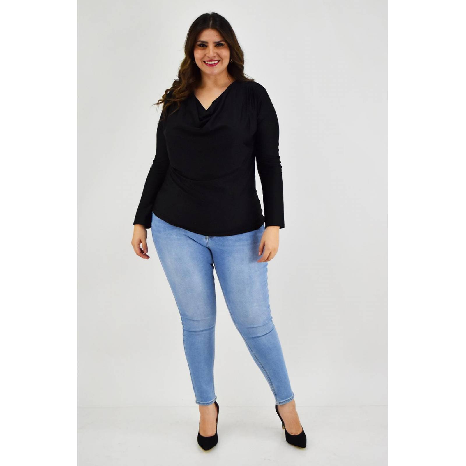 Blusa elegante de satín Roman fashion /Tallas Extras, 1787 (Negro) 