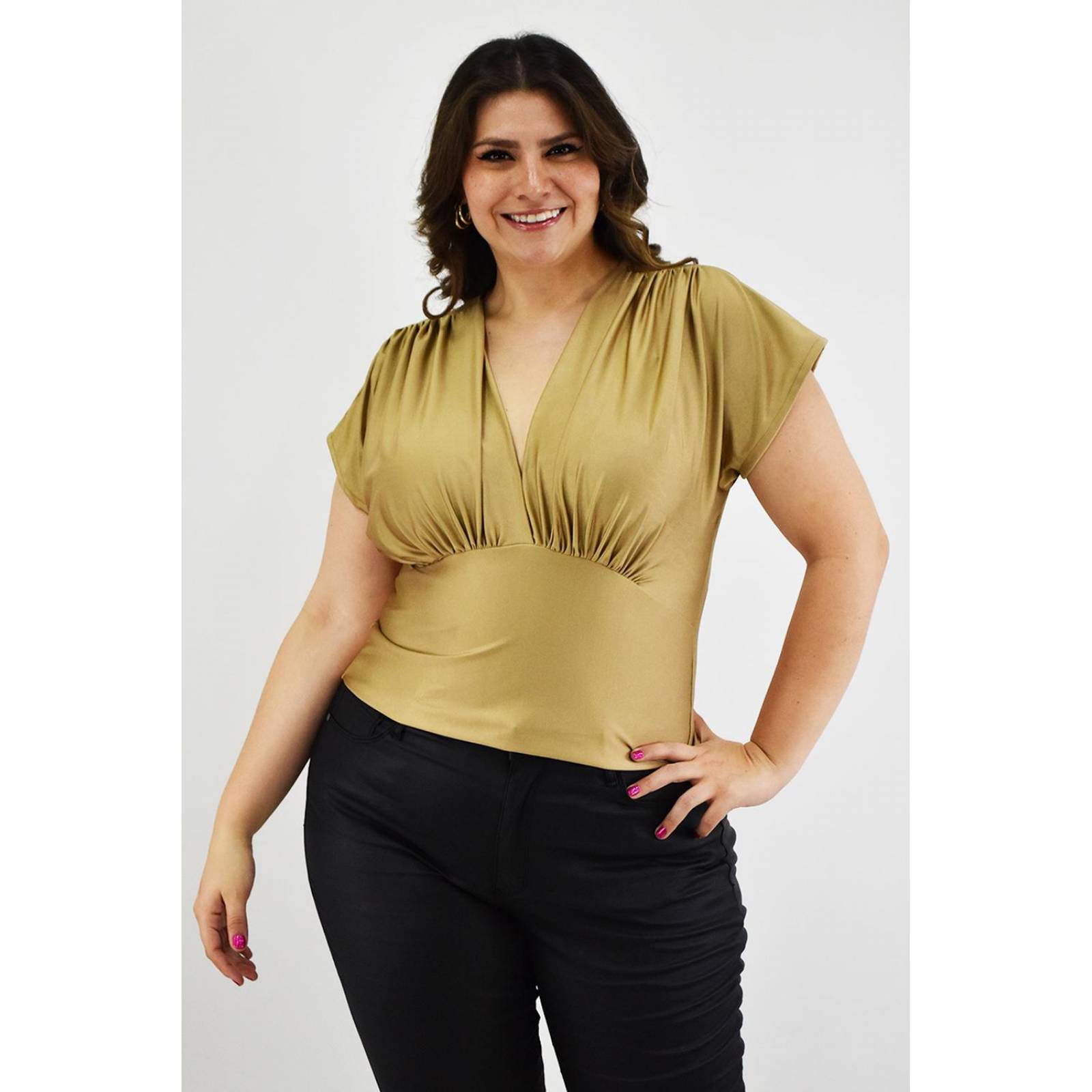 Blusa de satin cuello V Roman Fashion /Tallas Extras, 1836 (Dorado) 