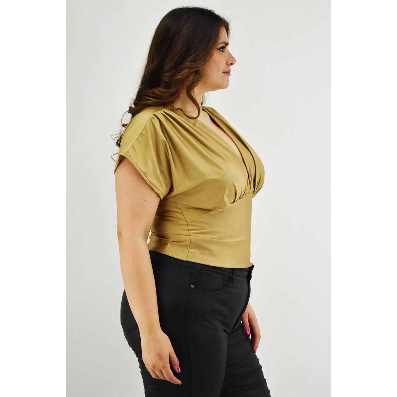 Blusa de satin cuello V Roman Fashion /Tallas Extras, 1836 (Dorado) 