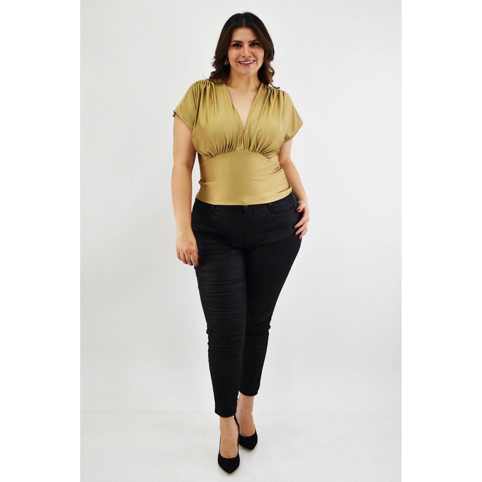 Blusa de satin cuello V Roman Fashion /Tallas Extras, 1836 (Dorado) 
