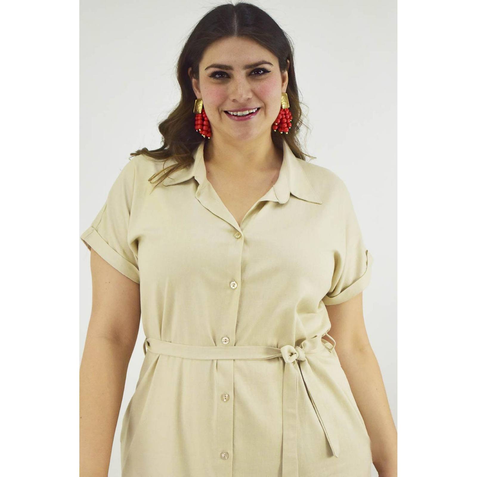 Vestido camisero de lino Roman Fashion /Tallas Extras, 2107 (Beige)