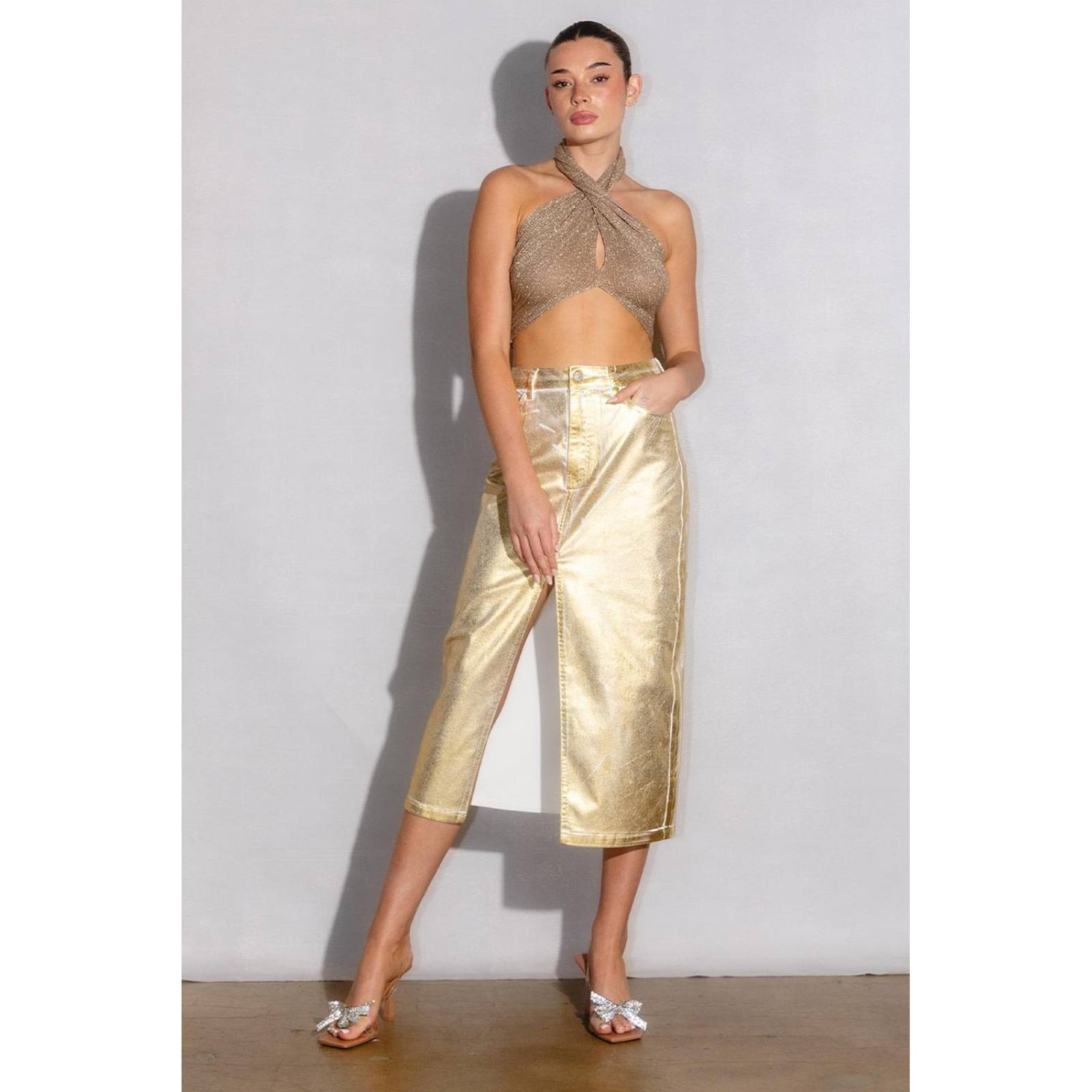 Falda midi metalizada /Juvenil, 064 (Dorado) 