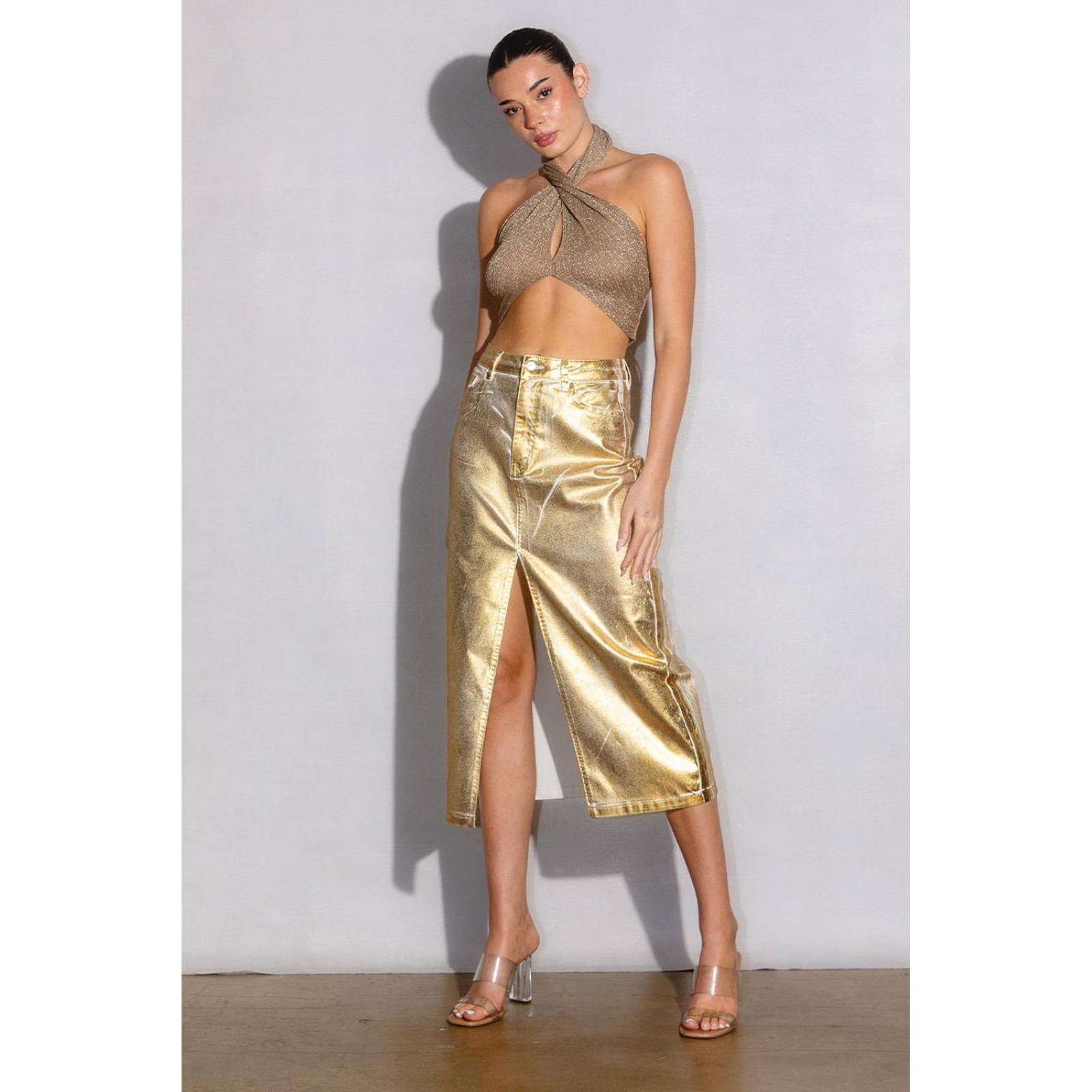 Falda midi metalizada /Juvenil, 064 (Dorado) 