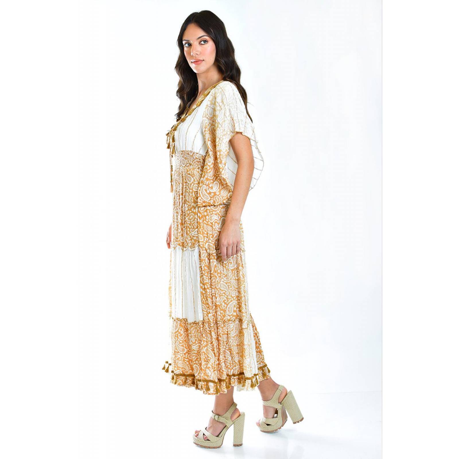 Vestido bohemio manga kimono /Juvenil, 8544 (Blanco, cafe) 