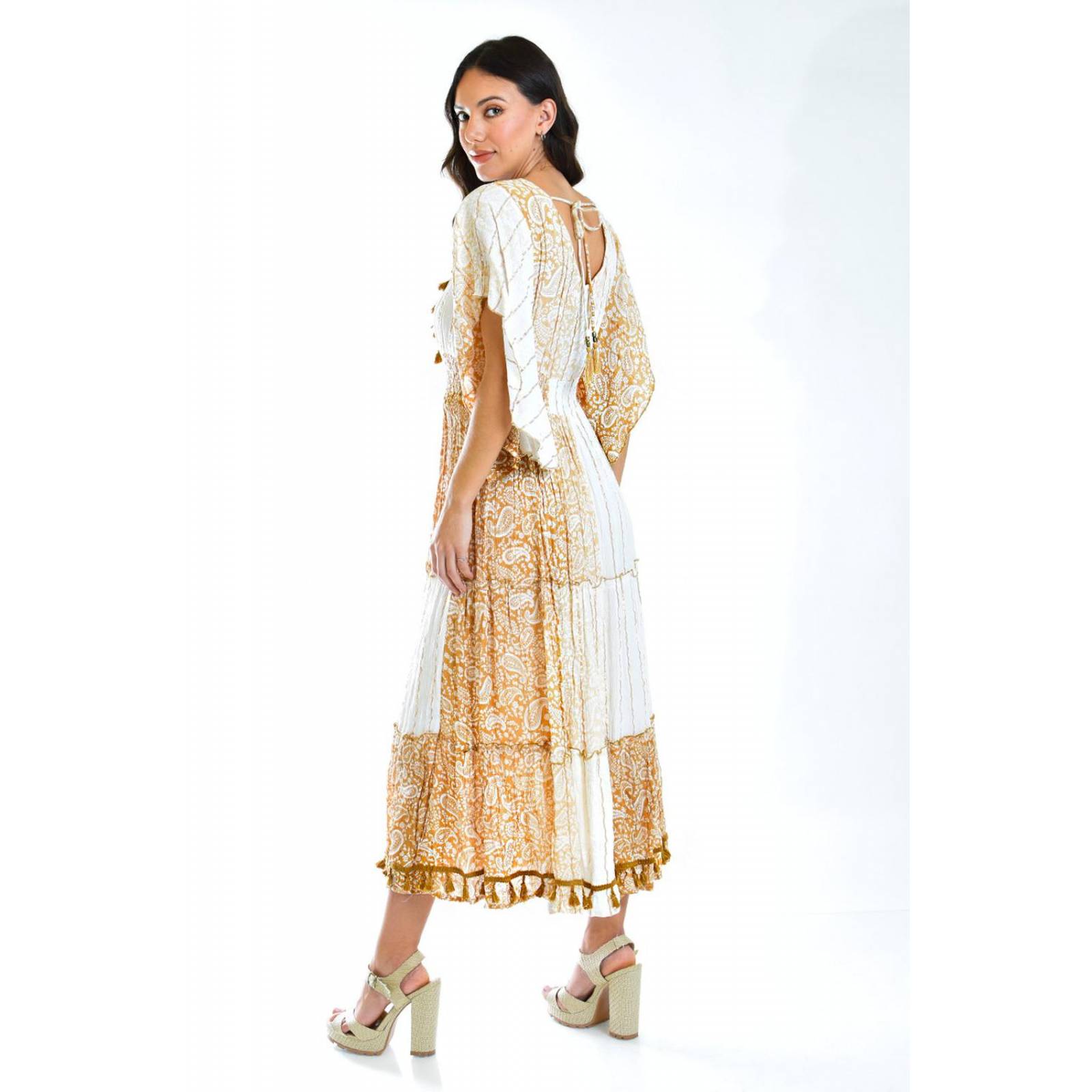 Vestido bohemio manga kimono /Juvenil, 8544 (Blanco, cafe) 