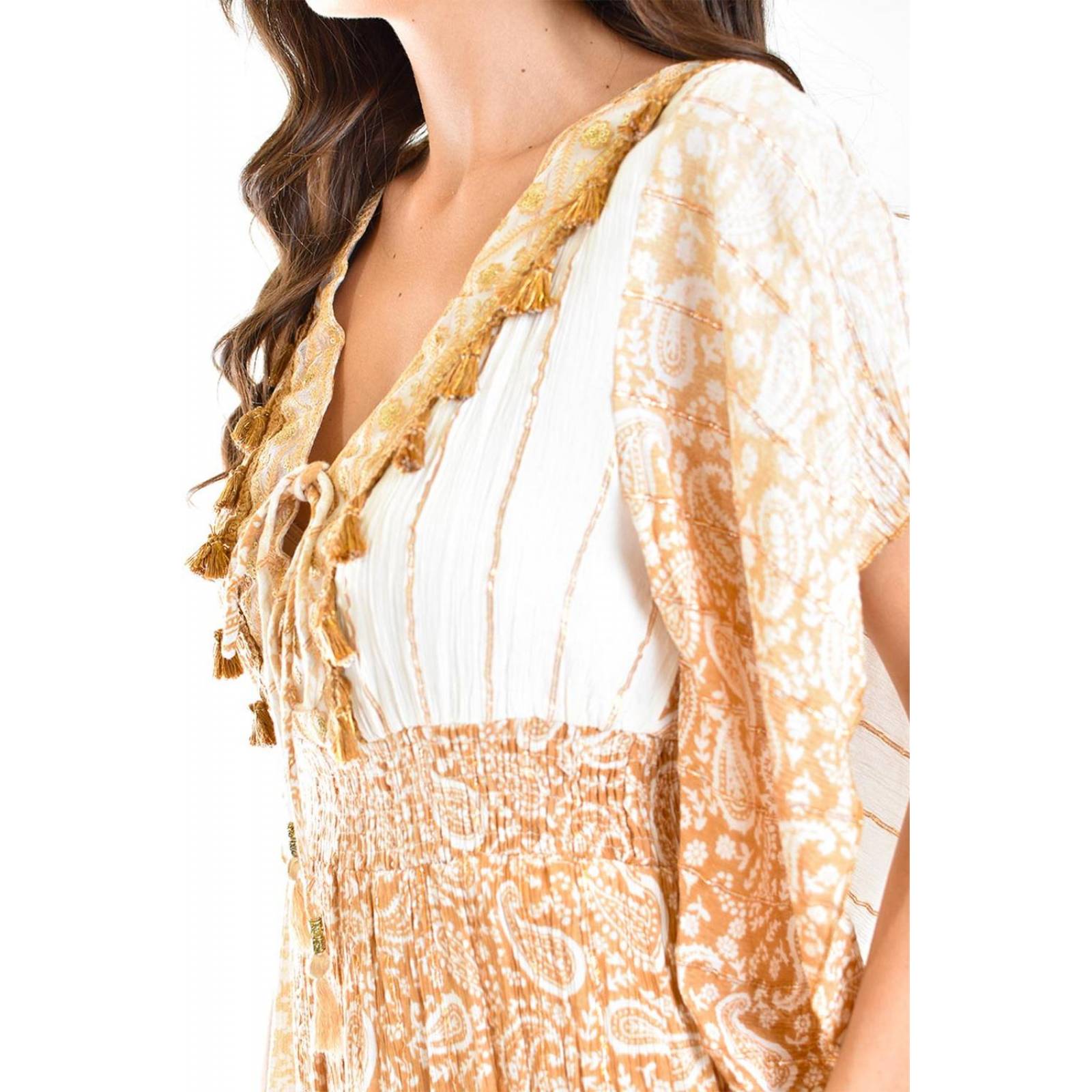 Vestido bohemio manga kimono /Juvenil, 8544 (Blanco, cafe) 