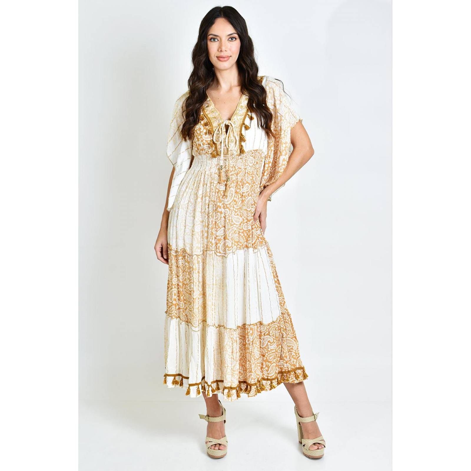 Vestido bohemio manga kimono /Juvenil, 8544 (Blanco, cafe) 