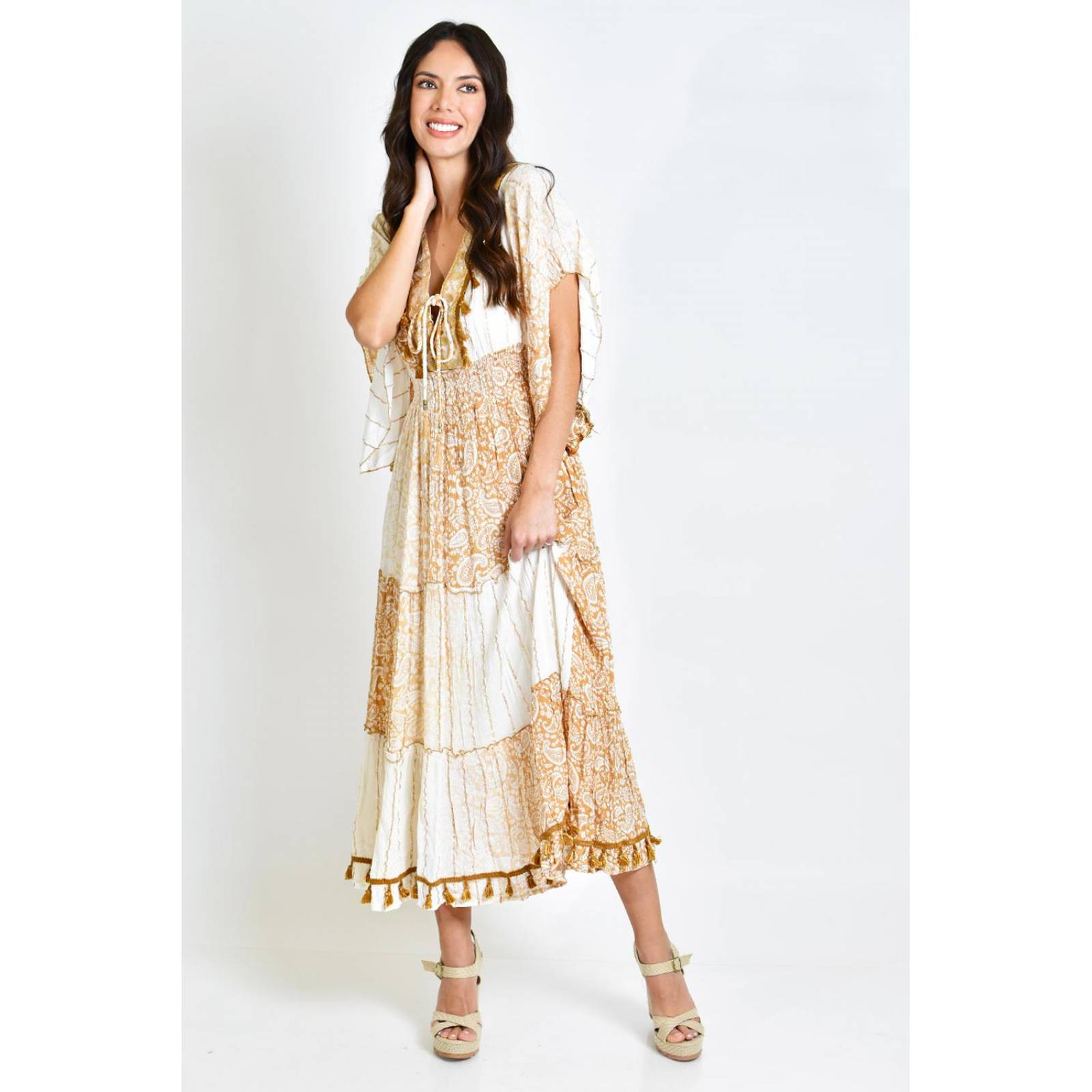 Vestido bohemio manga kimono /Juvenil, 8544 (Blanco, cafe) 