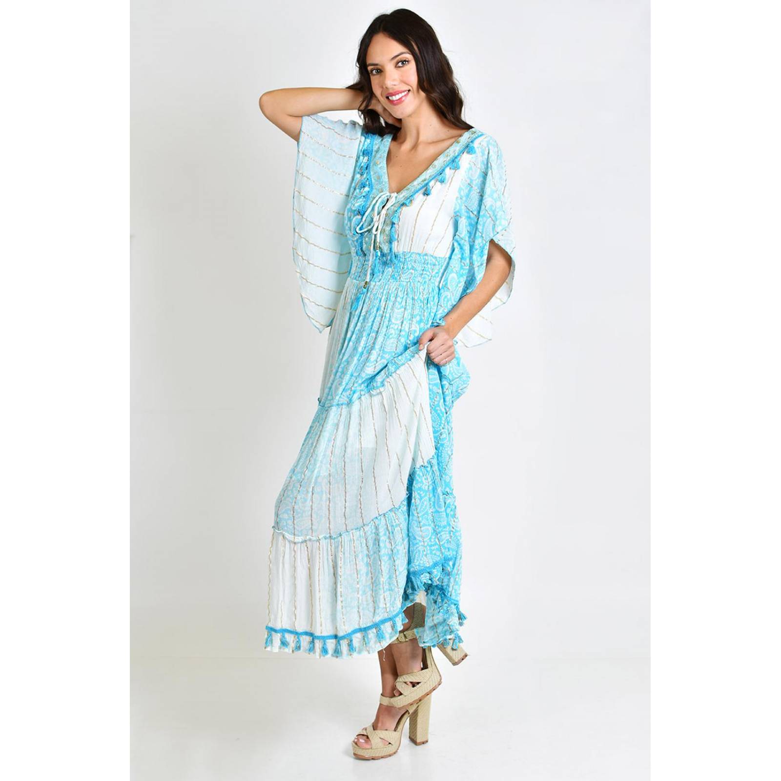 Vestido bohemio manga kimono /Juvenil, 8544 (Azul claro) 