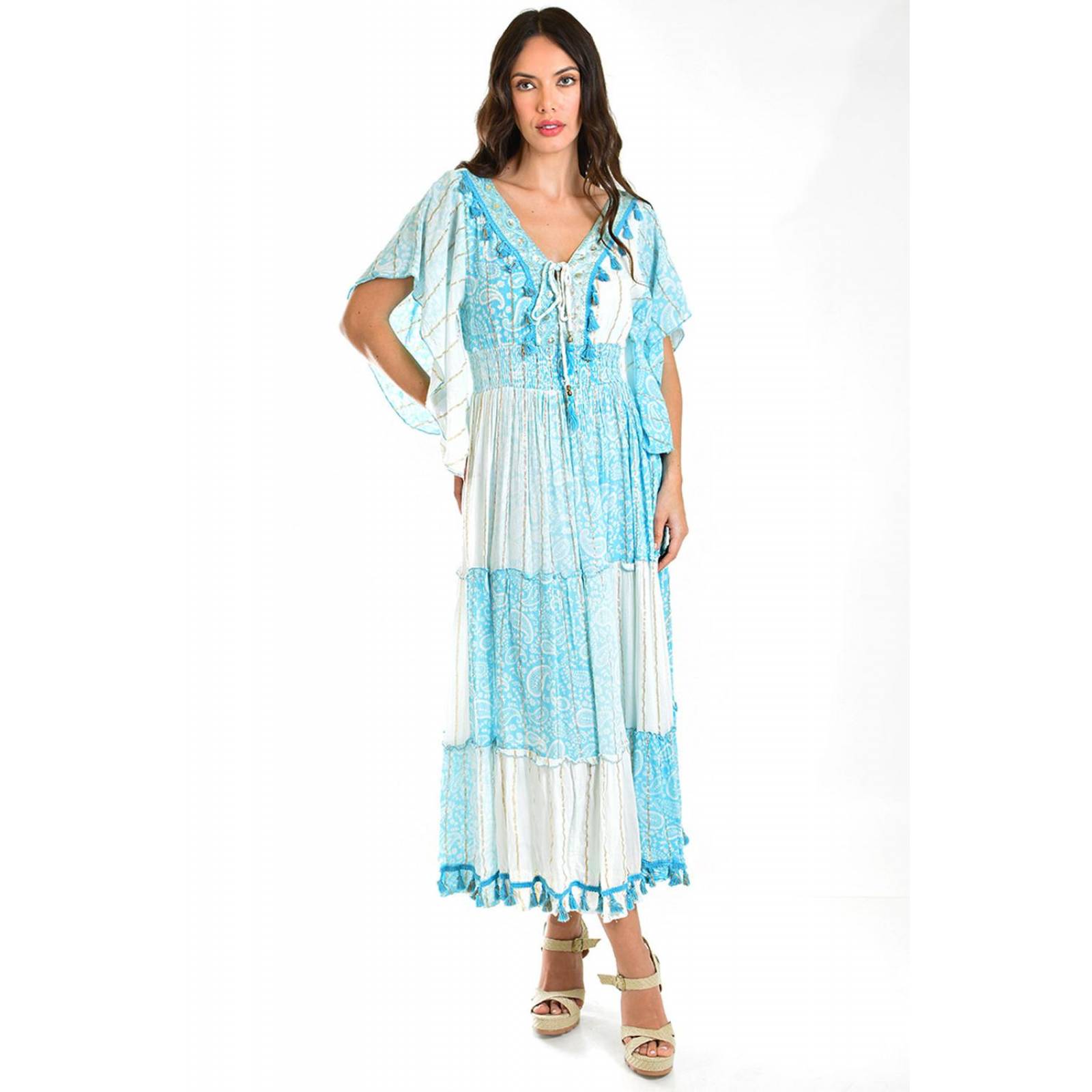 Vestido bohemio manga kimono /Juvenil, 8544 (Azul claro) 