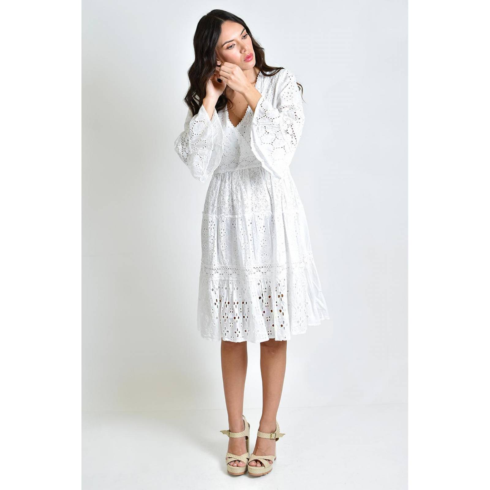 Vestido de algodon manga campana /Juvenil, 8537 (Blanco) 