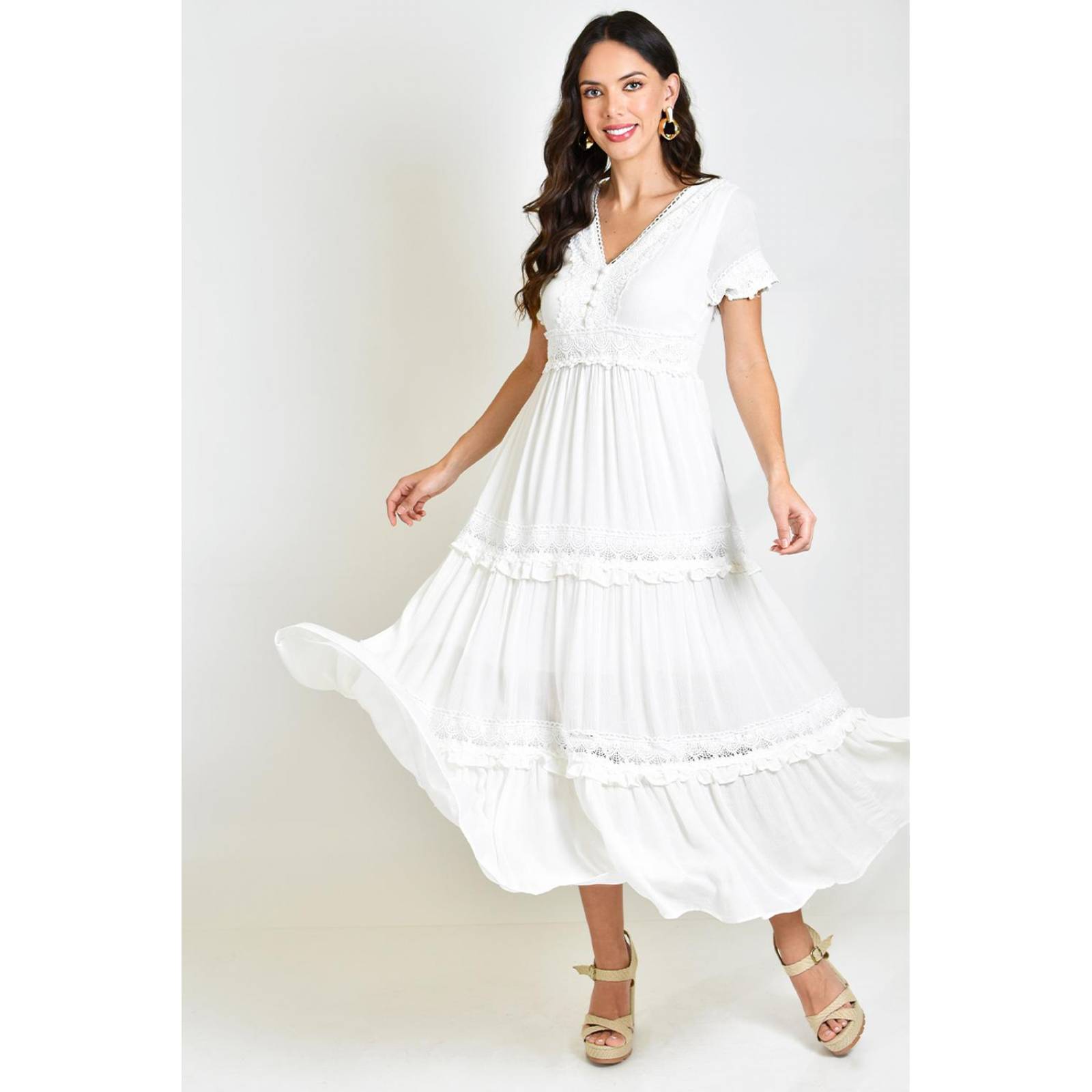 Vestido midi con detalle de encanje /Juvenil, 518 (Blanco) 