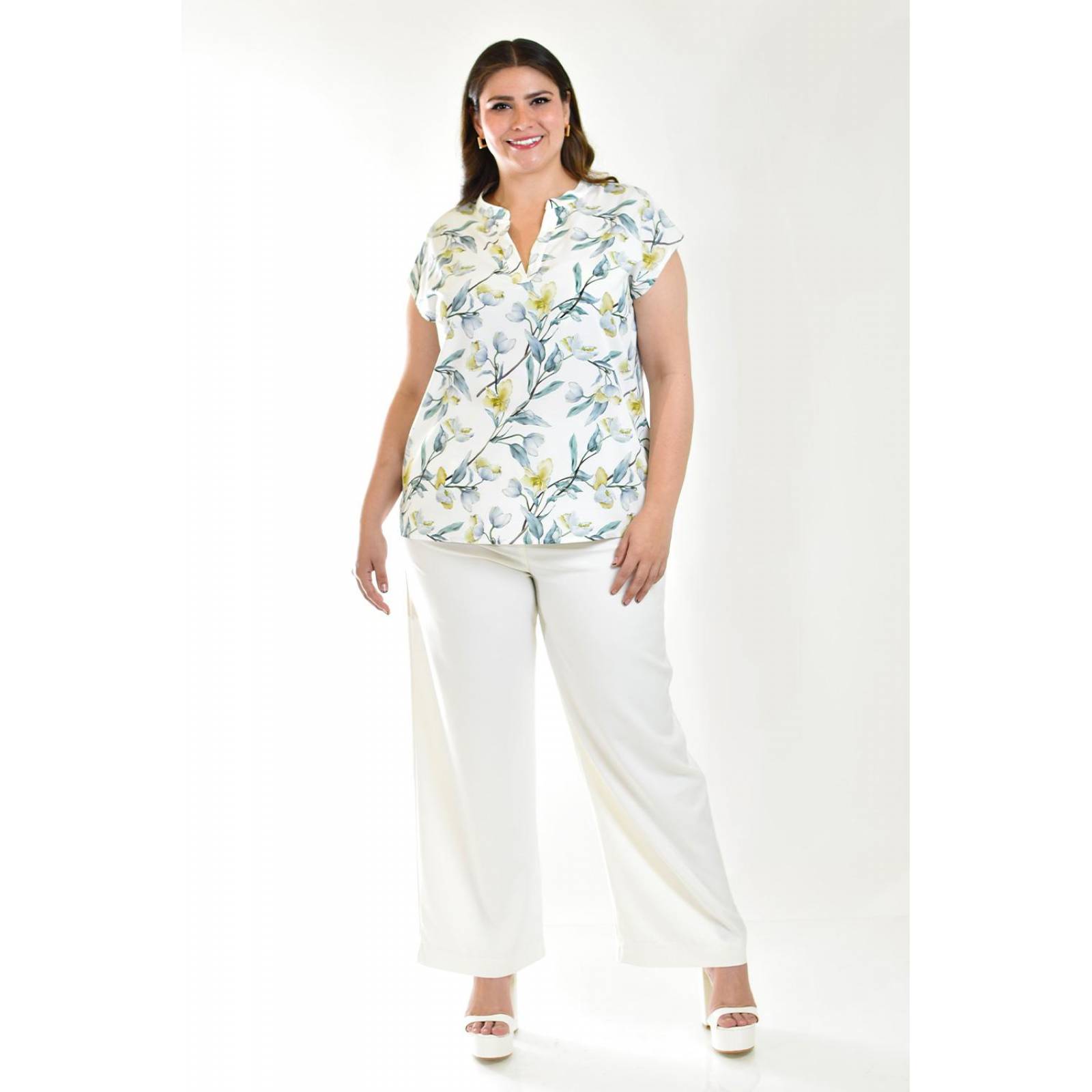Blusa manga caída Roman Fashion /Tallas Extras, 012 (Blanco flor) 