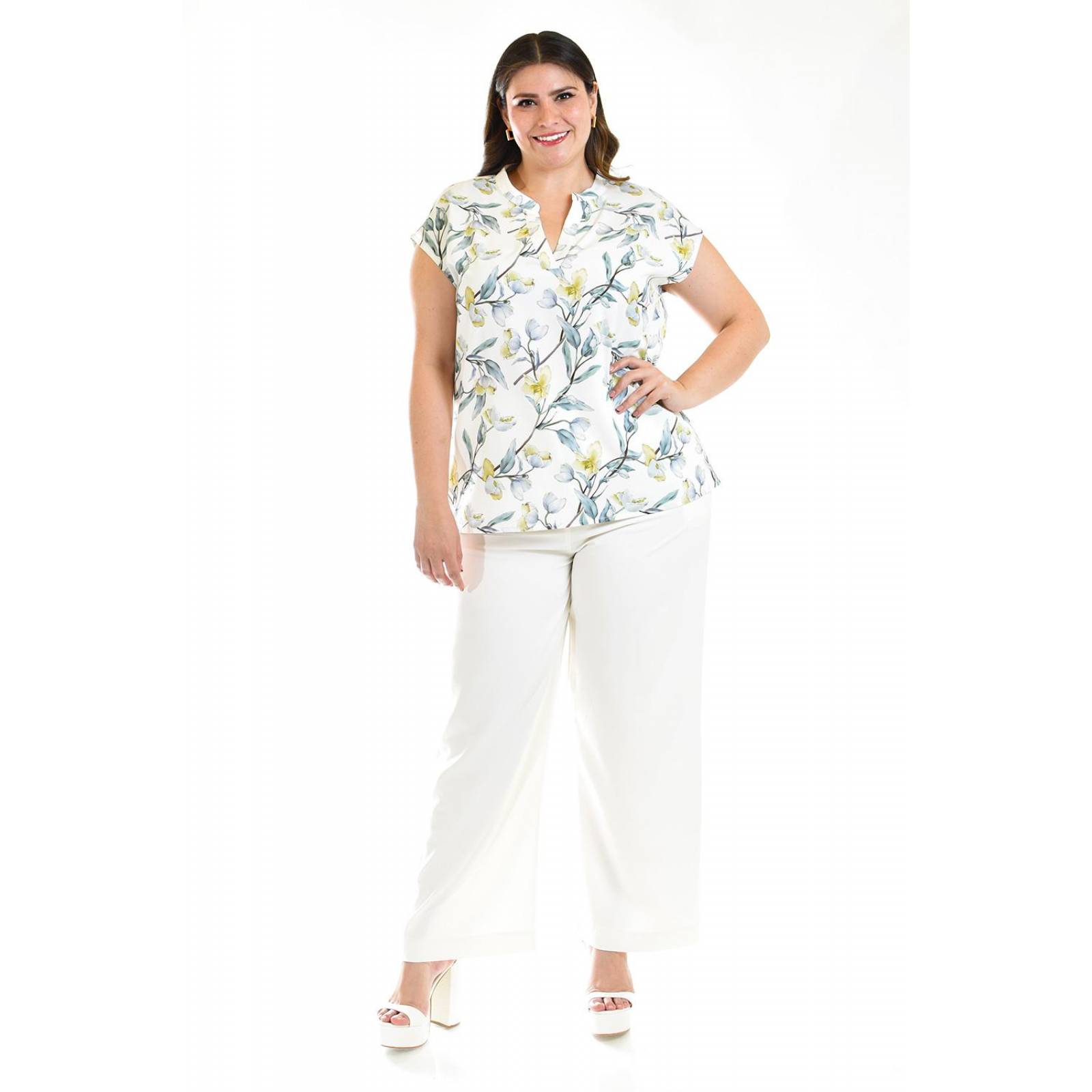 Blusa manga caída Roman Fashion /Tallas Extras, 012 (Blanco flor) 