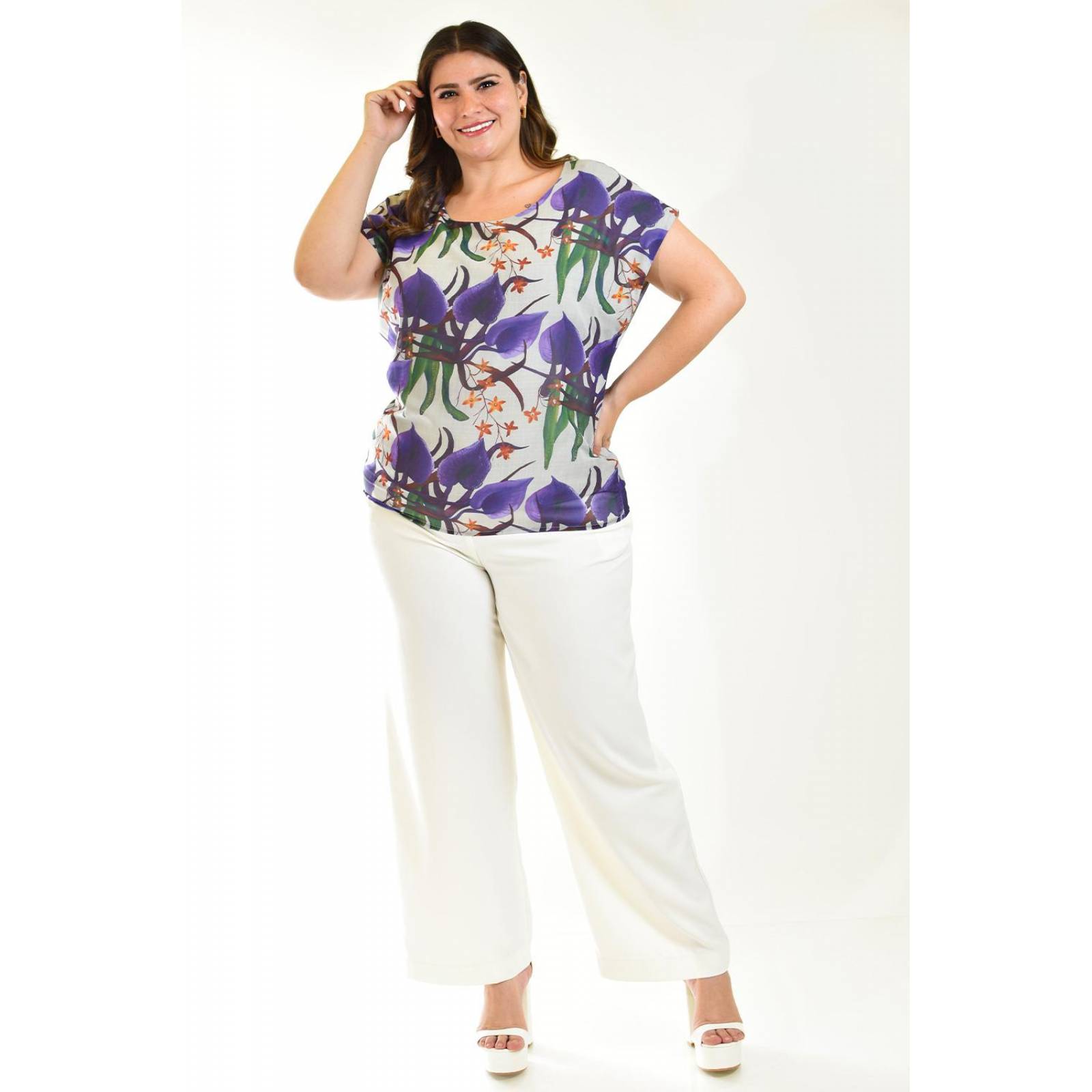 Blusa estampada Roman Fashion /Tallas Extras, 011 (Estampado lila) 