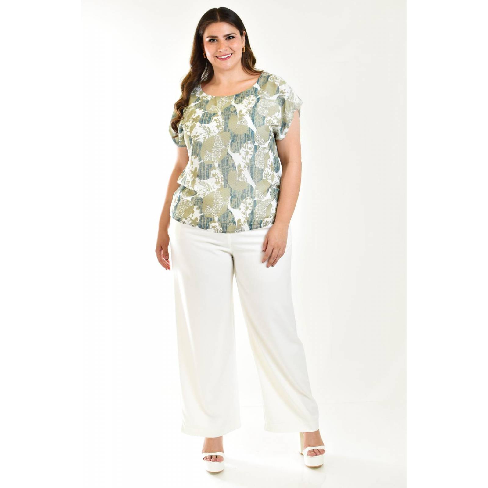 Blusa estampada Roman Fashion /Tallas Extras, 011 (Estampado verde) 