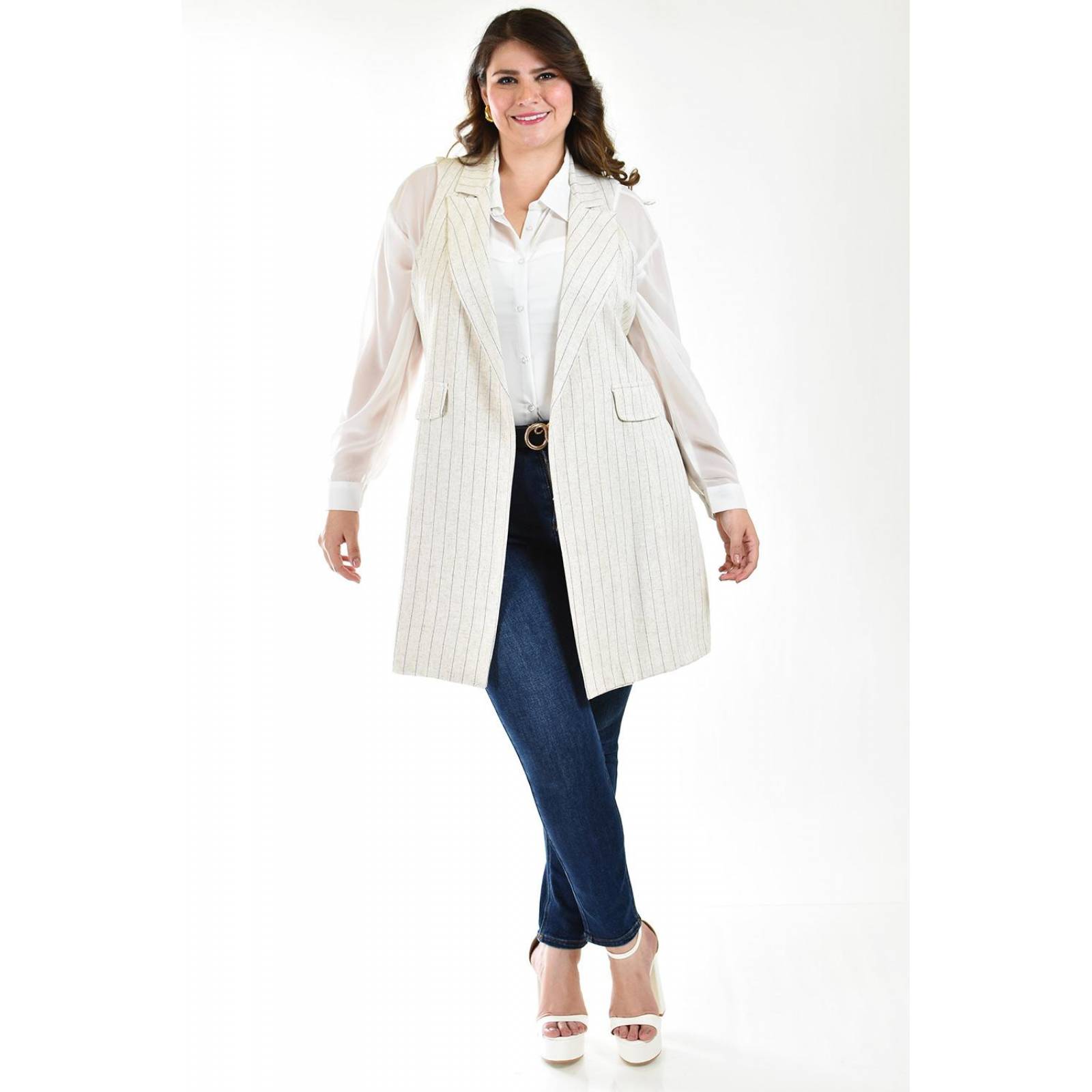 Chaleco lino con líneas Roman Fashion /Tallas Extras, 2400 (Hueso lineas) 