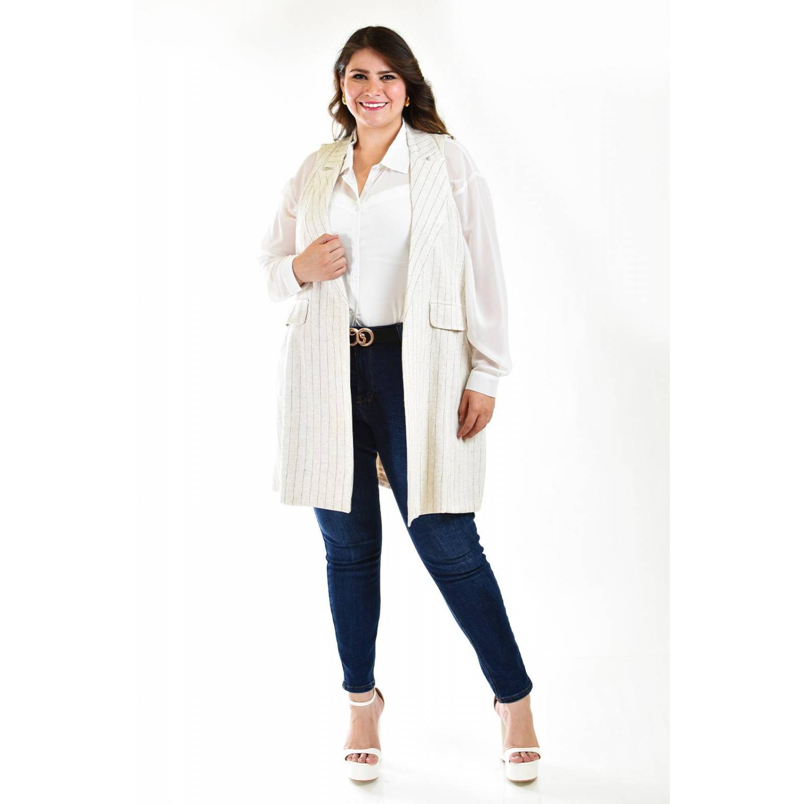 Chaleco lino con líneas Roman Fashion /Tallas Extras, 2400 (Hueso lineas) 