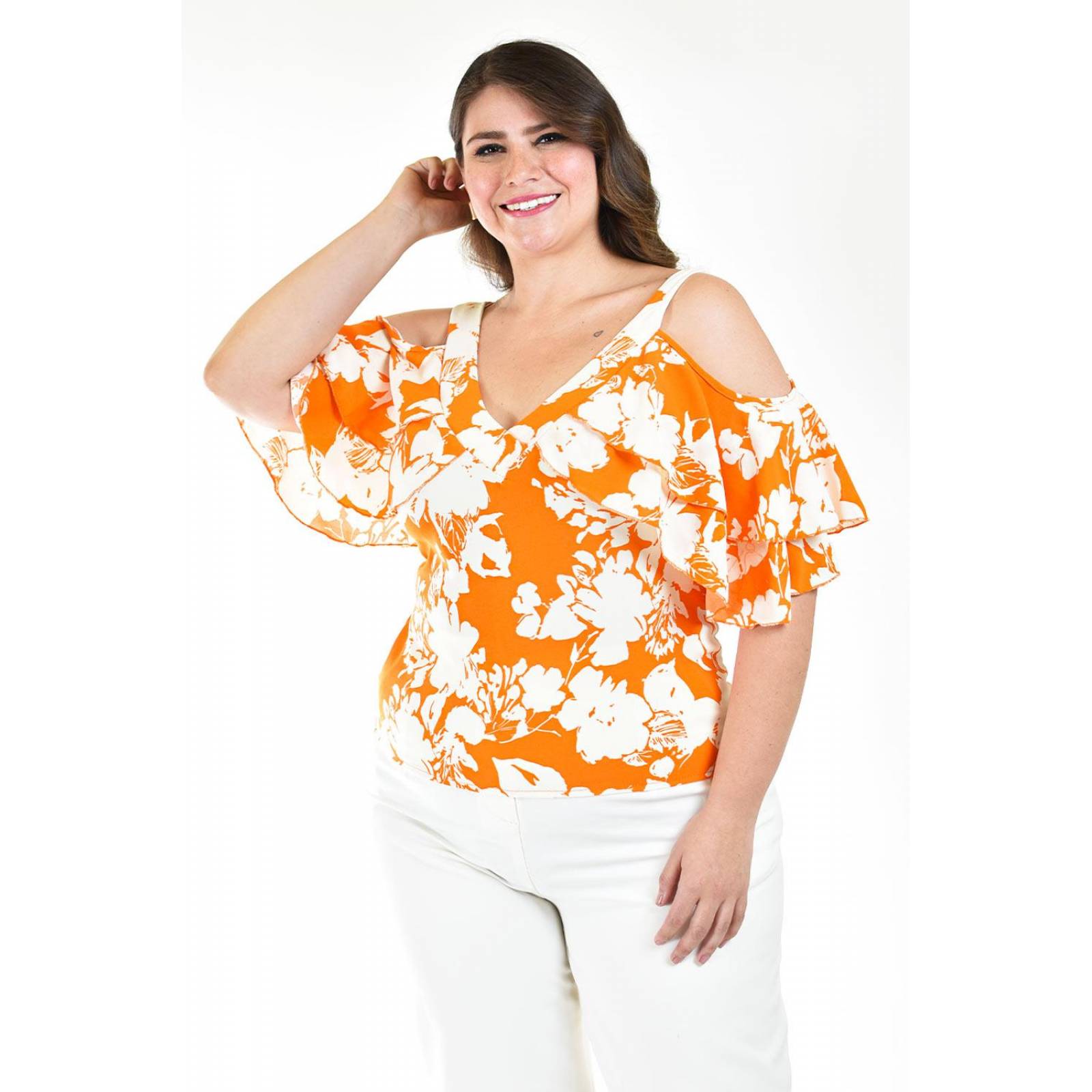 Blusa manga caída con olanes Roman Fashion /Tallas Extras, 1732 (Naranja) 