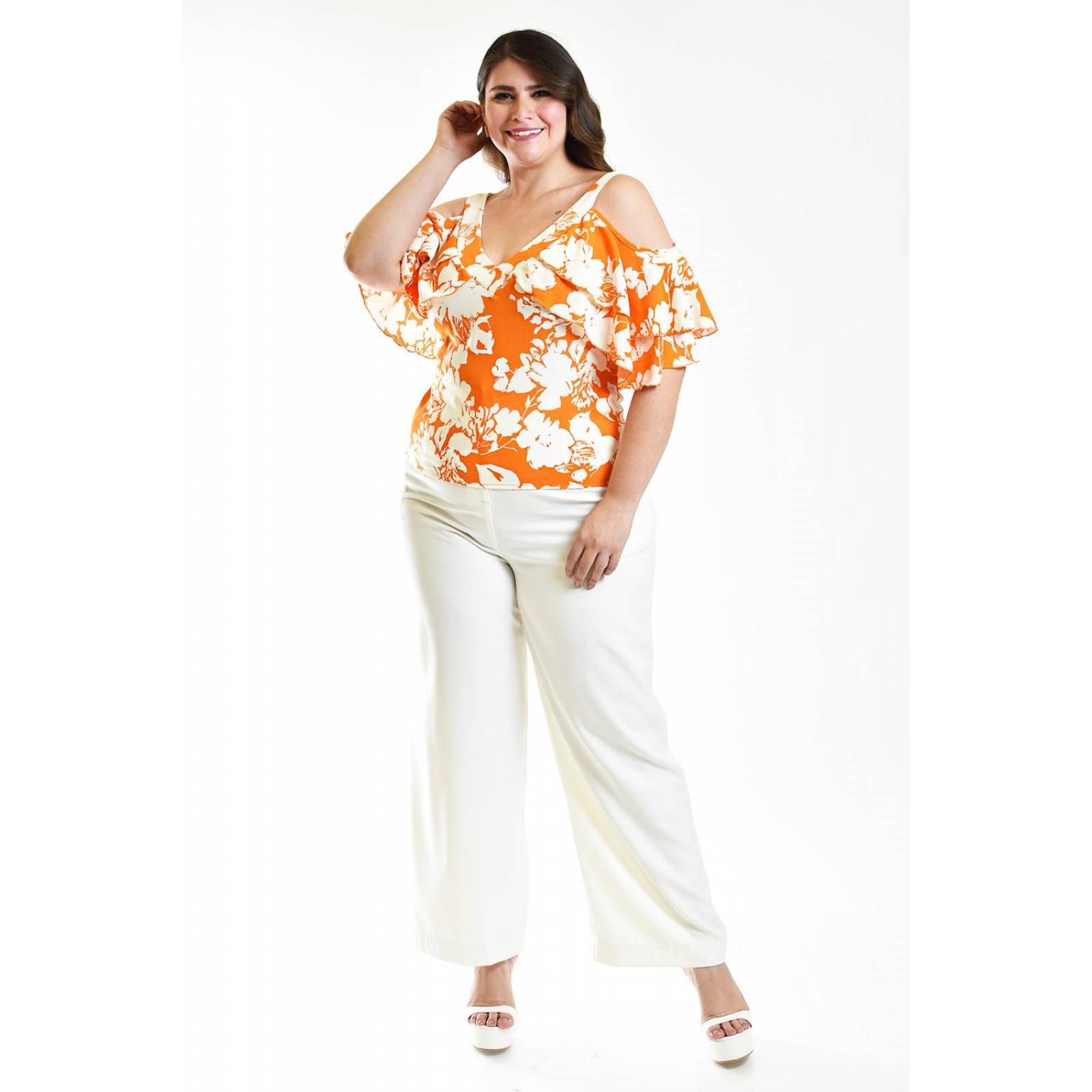 Blusa manga caída con olanes Roman Fashion /Tallas Extras, 1732 (Naranja) 