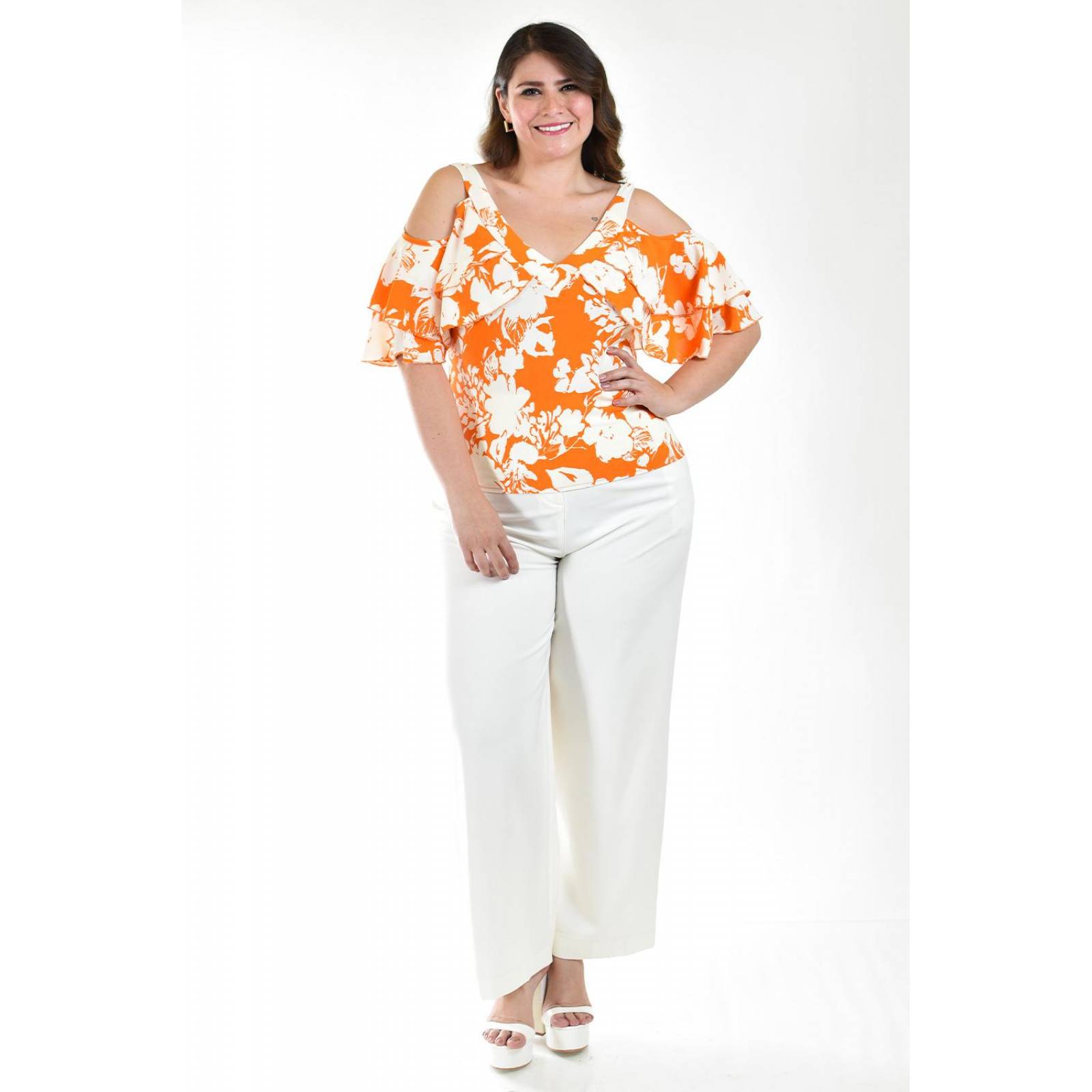 Blusa manga caída con olanes Roman Fashion /Tallas Extras, 1732 (Naranja) 