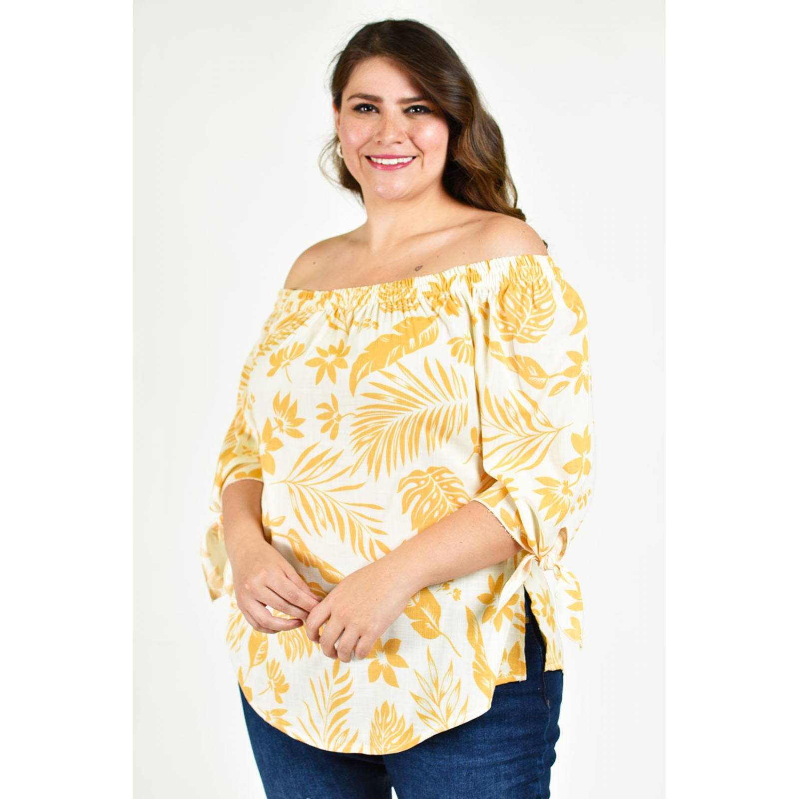 Blusa escote campesino Roman Fashion /Tallas Extras, 1608 (Blanco /beige) 