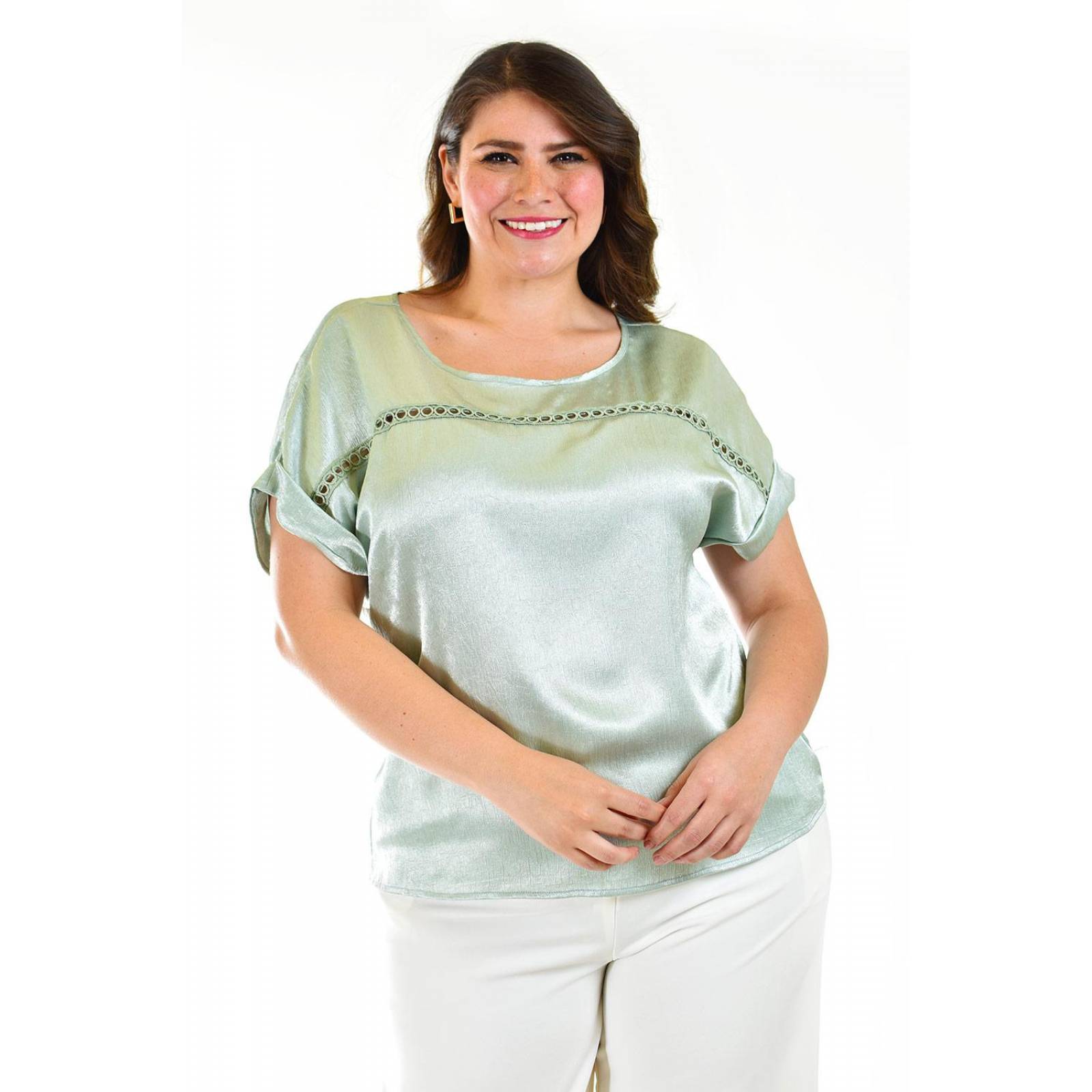 Blusa satinada con encanje Roman Fashion /Tallas Extras, 010 (Menta) 