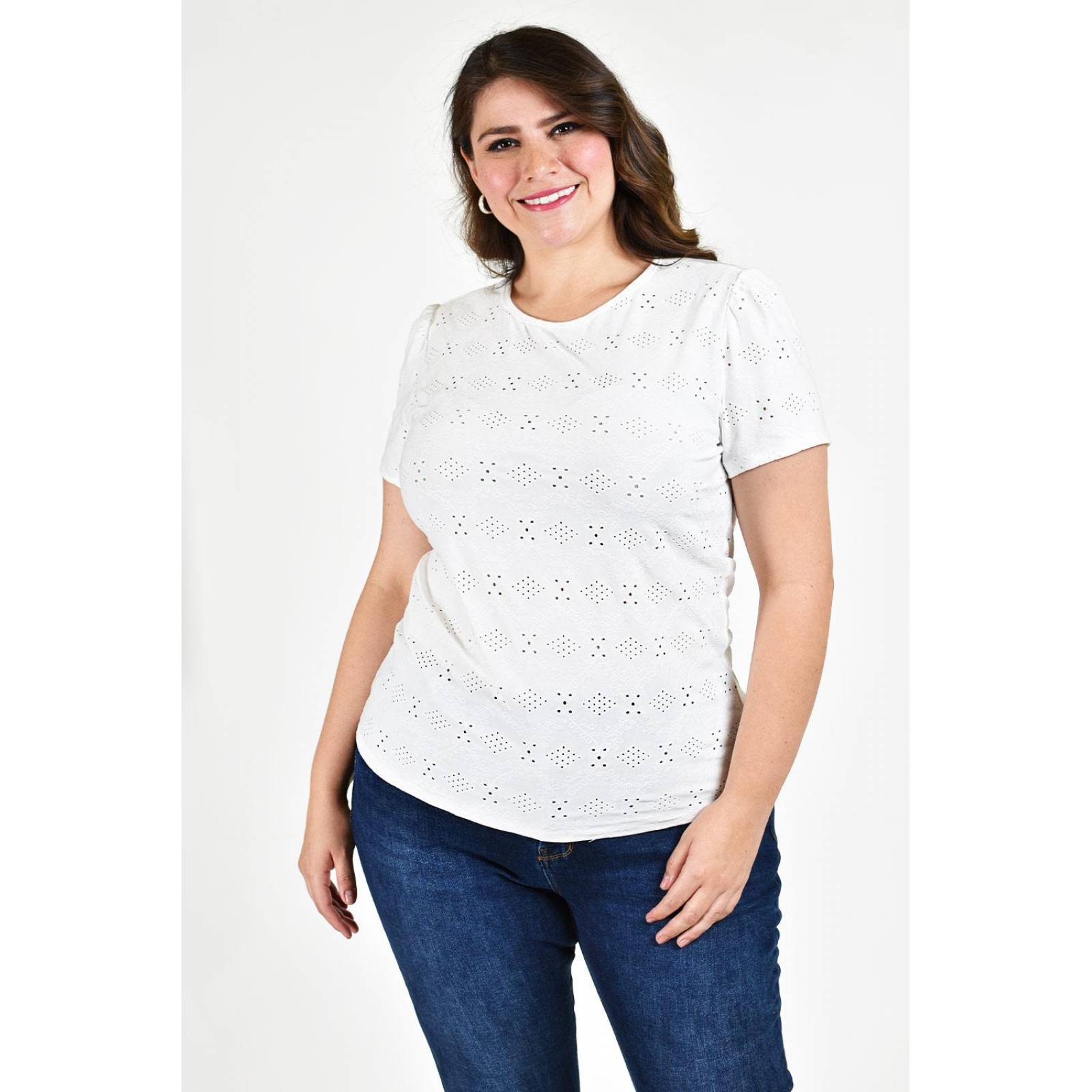 Blusa con detalles calados Roman Fashion /Tallas Extras, 016 (Blanco) 