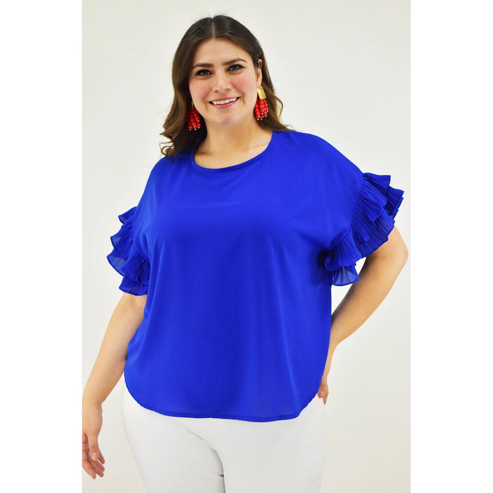 Blusa manga con olanes Roman Fashion Tallas Extras 2314 Azul rey