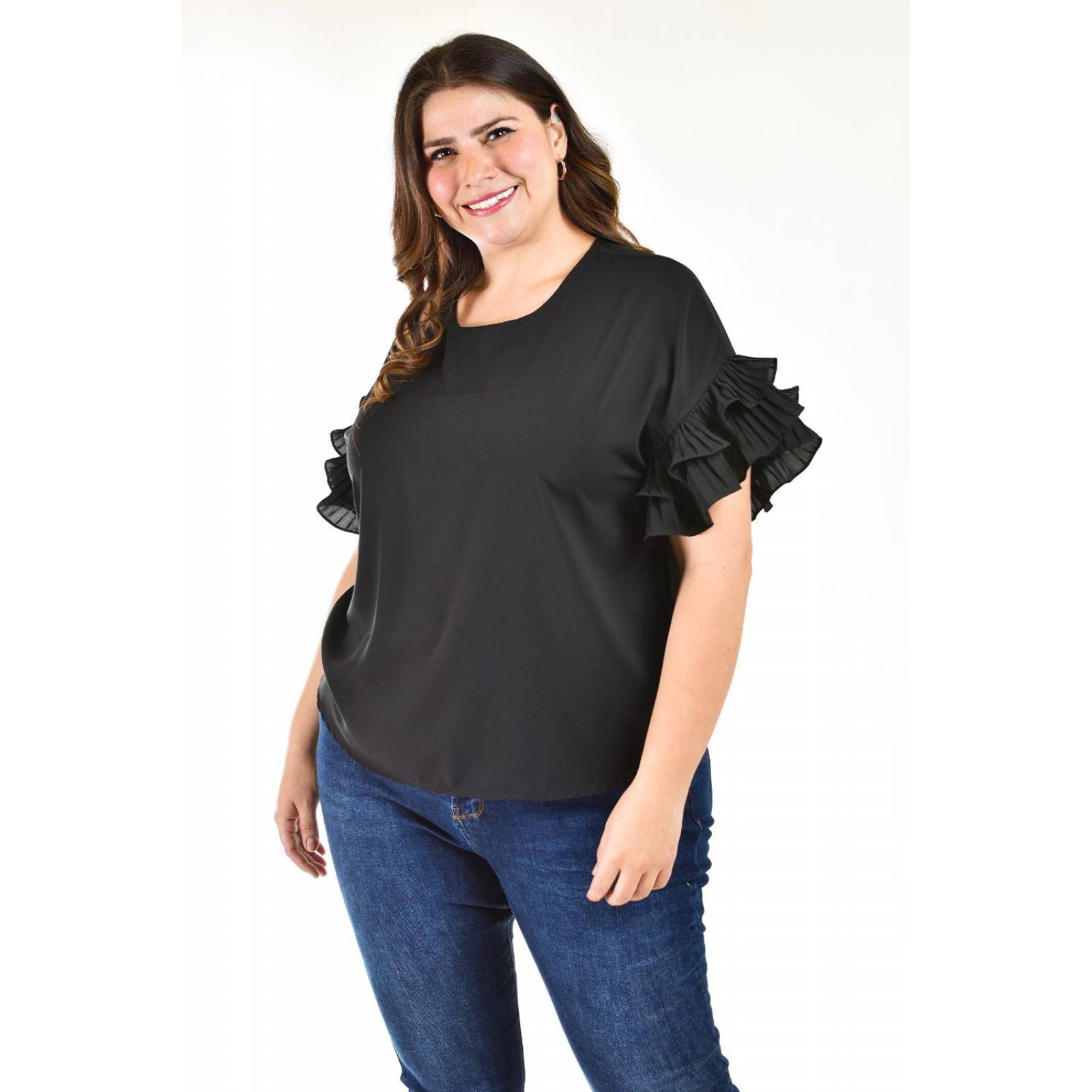 Blusa manga con olanes Roman Fashion /Tallas Extras, 2314 (Negro) 