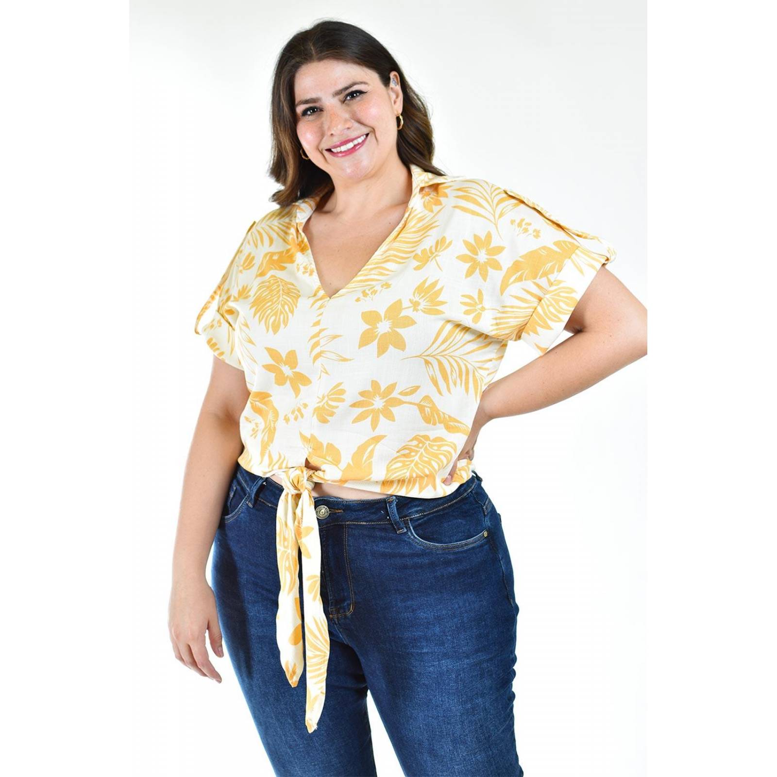 Blusa fresca con moño Roman Fashion /Tallas Extras, 1819 (Beige flor) 