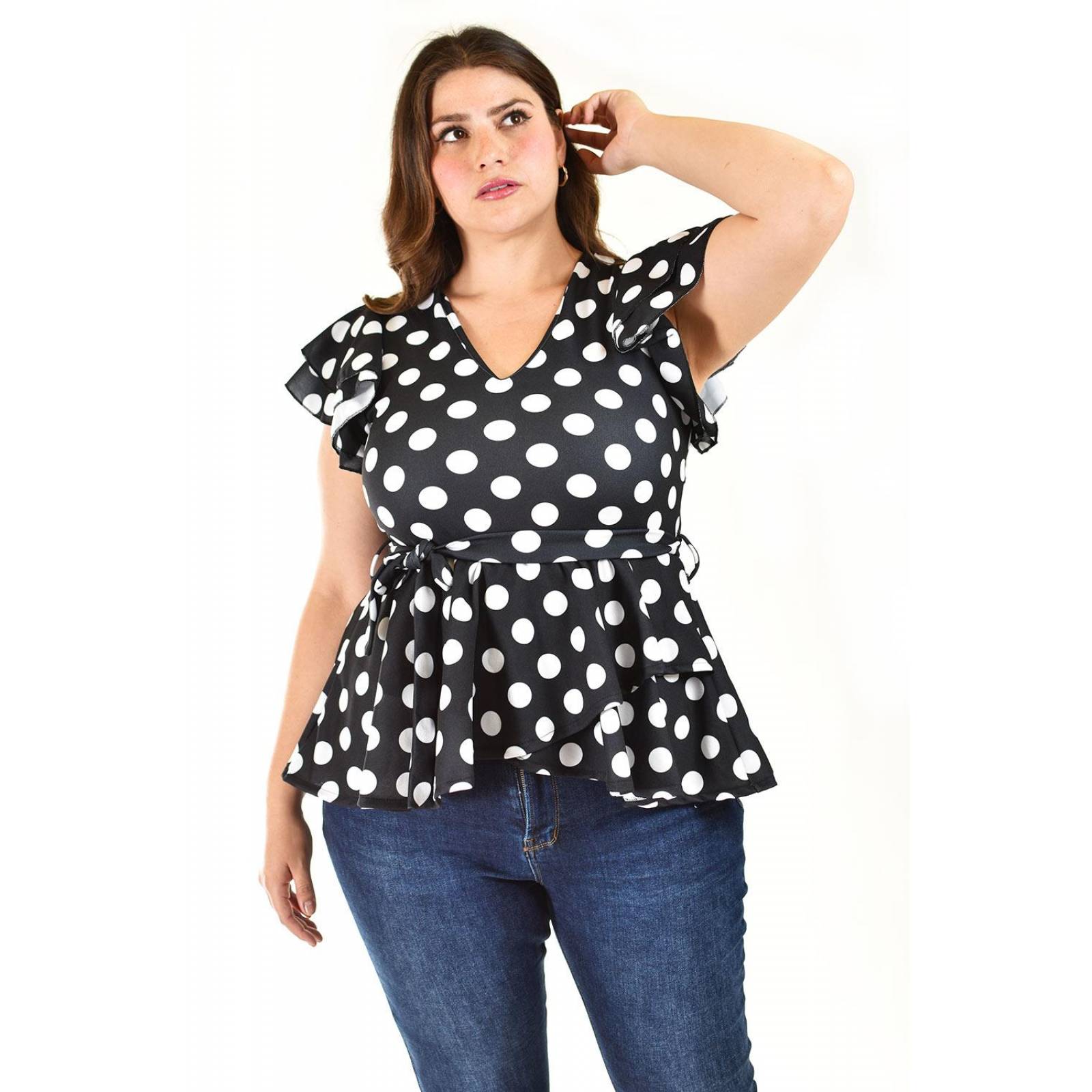 Blusa de lunares Roman Fashion /Tallas Extras, 1869 (Negro puntos) 