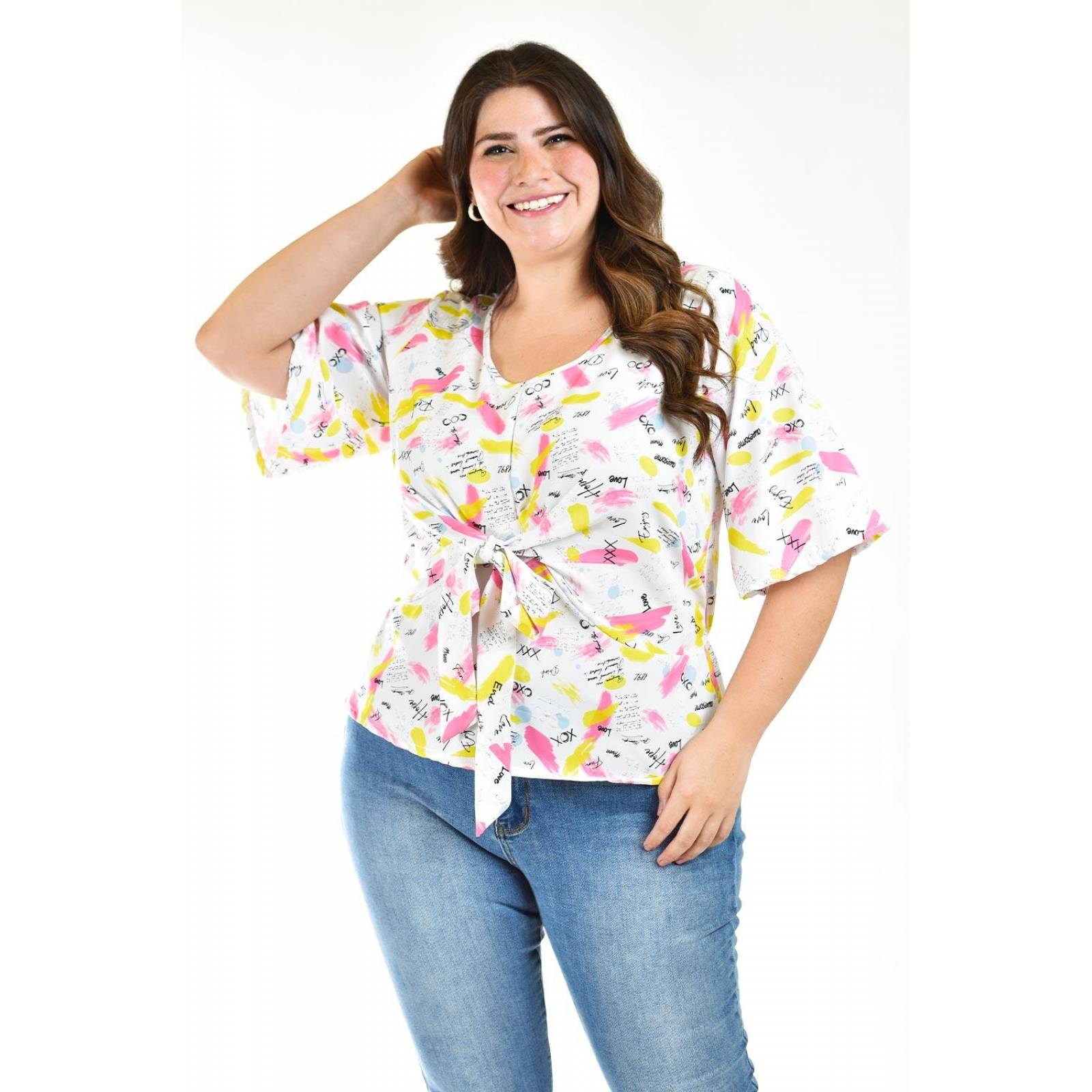 Blusa con moño Roman Fashion /Tallas Extras, 1832 (Blanco letras) 