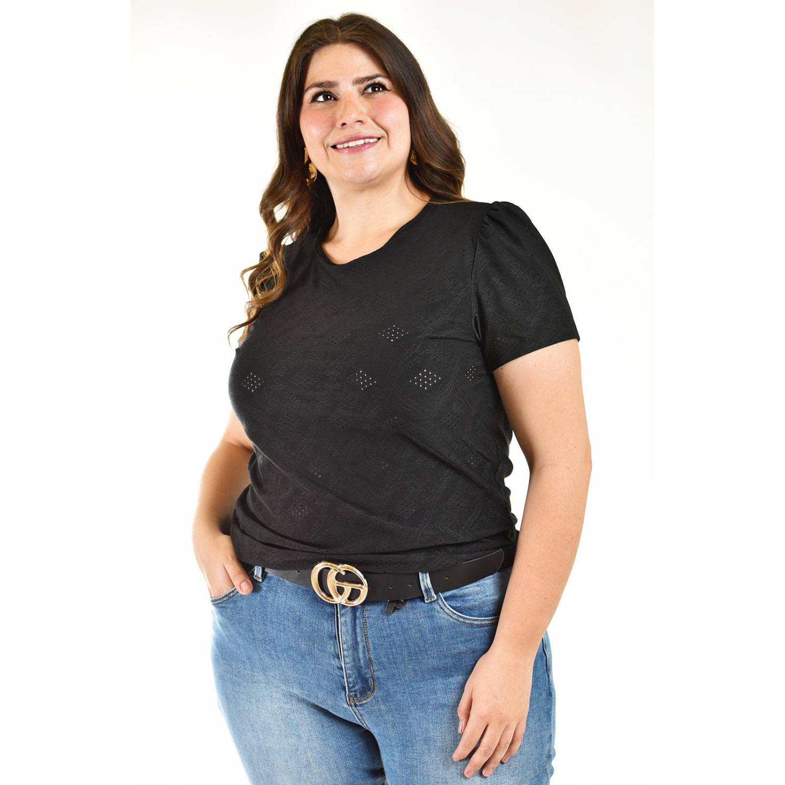 Blusa con detalles calados Roman Fashion /Tallas Extras, 016 (Negro) 