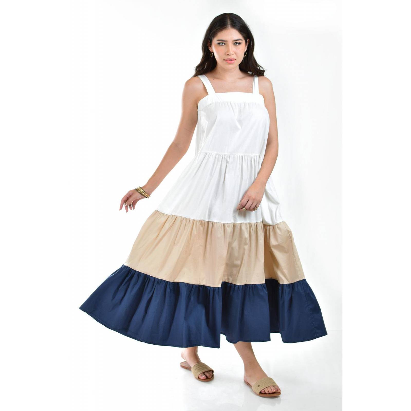 Vestido de popelina tricolor Roman Fashion /Juvenil, 883 (Beige - Azul marino) 