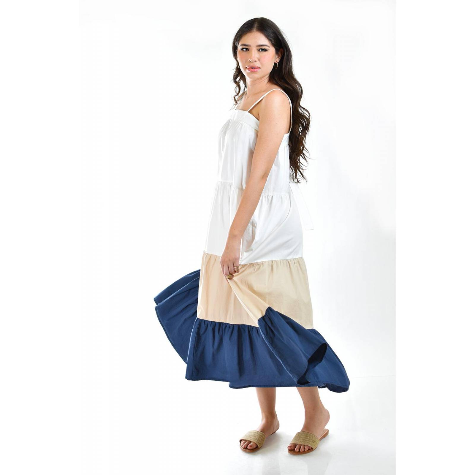 Vestido de popelina tricolor Roman Fashion /Juvenil, 883 (Beige - Azul marino) 