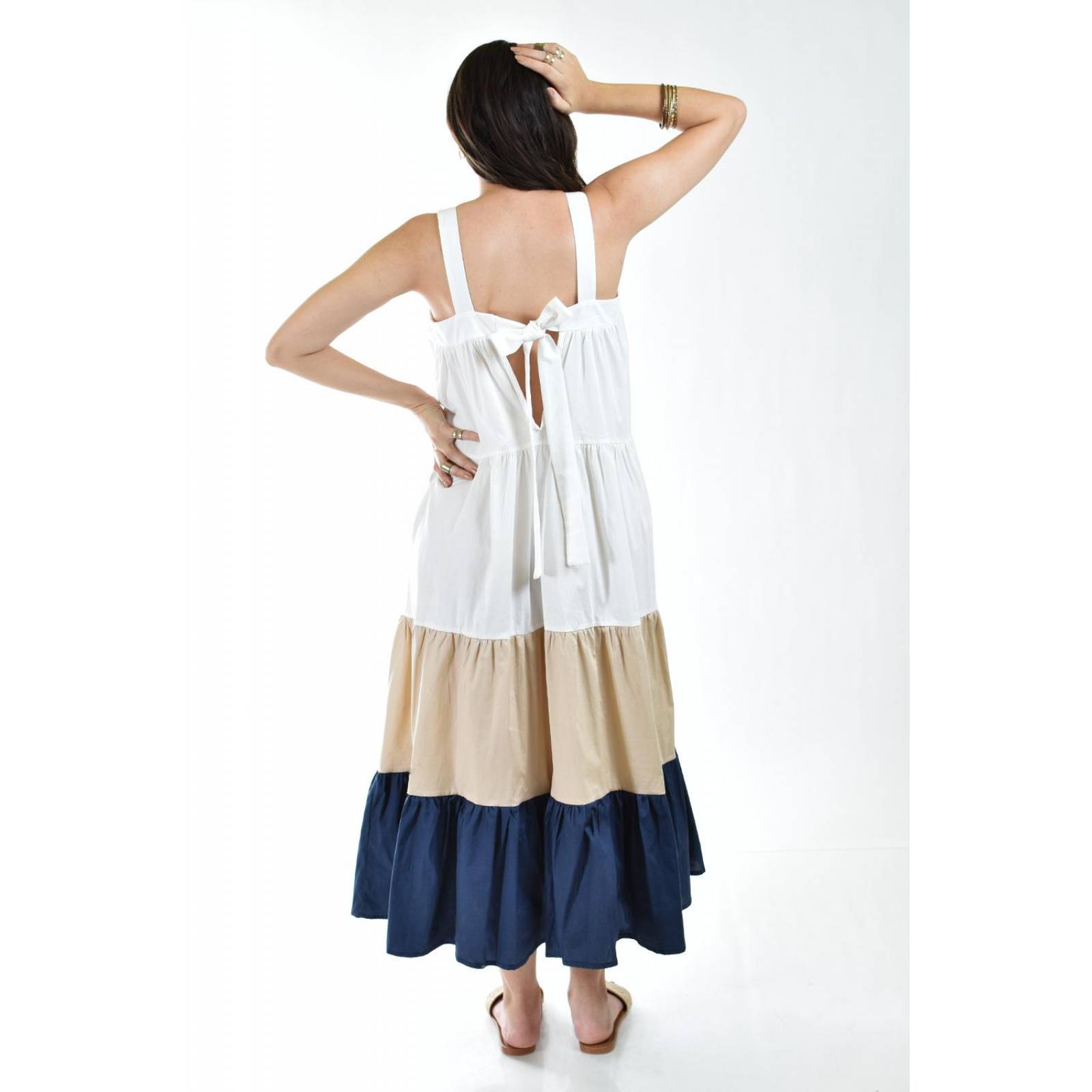 Vestido de popelina tricolor Roman Fashion /Juvenil, 883 (Beige - Azul marino) 