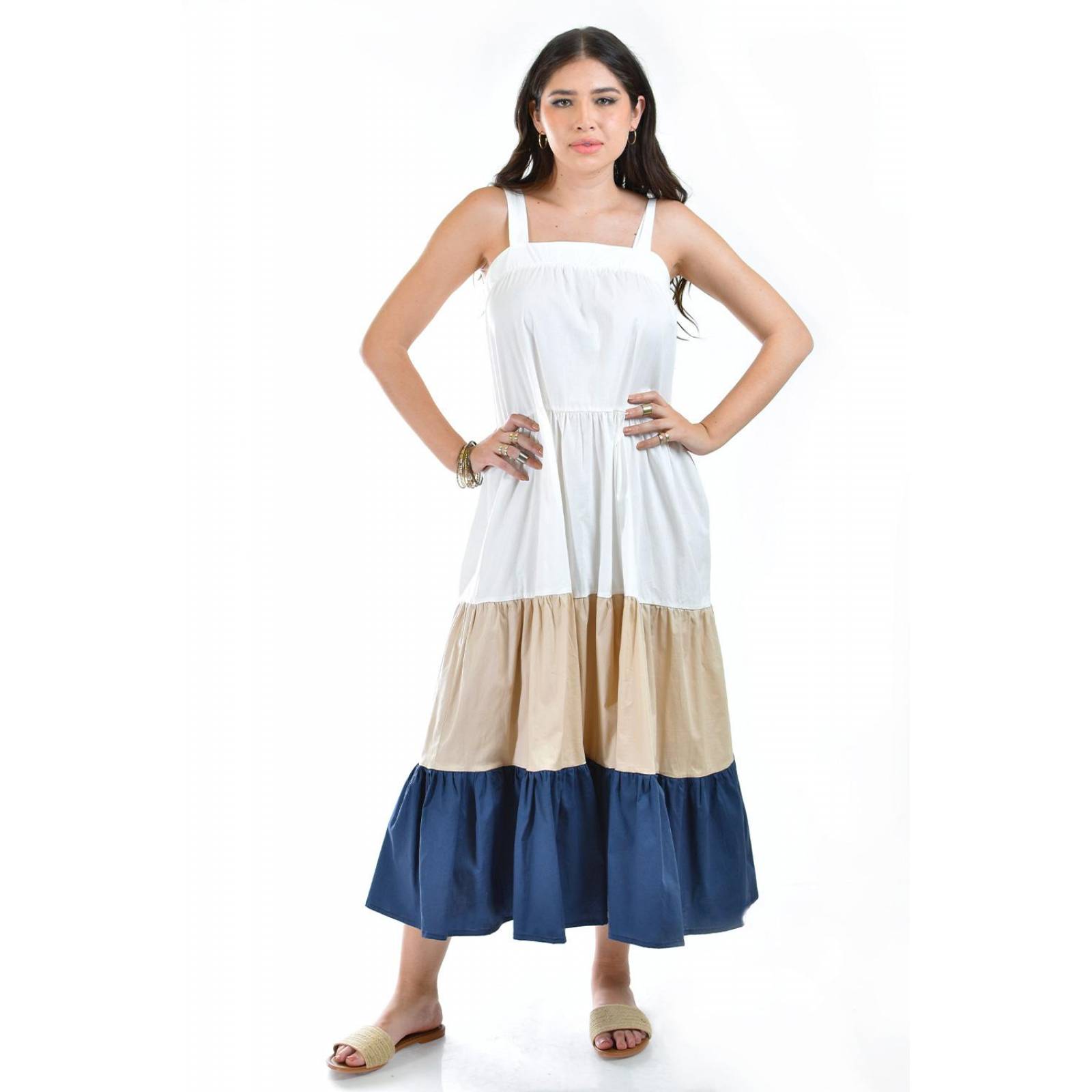 Vestido de popelina tricolor Roman Fashion /Juvenil, 883 (Beige - Azul marino) 