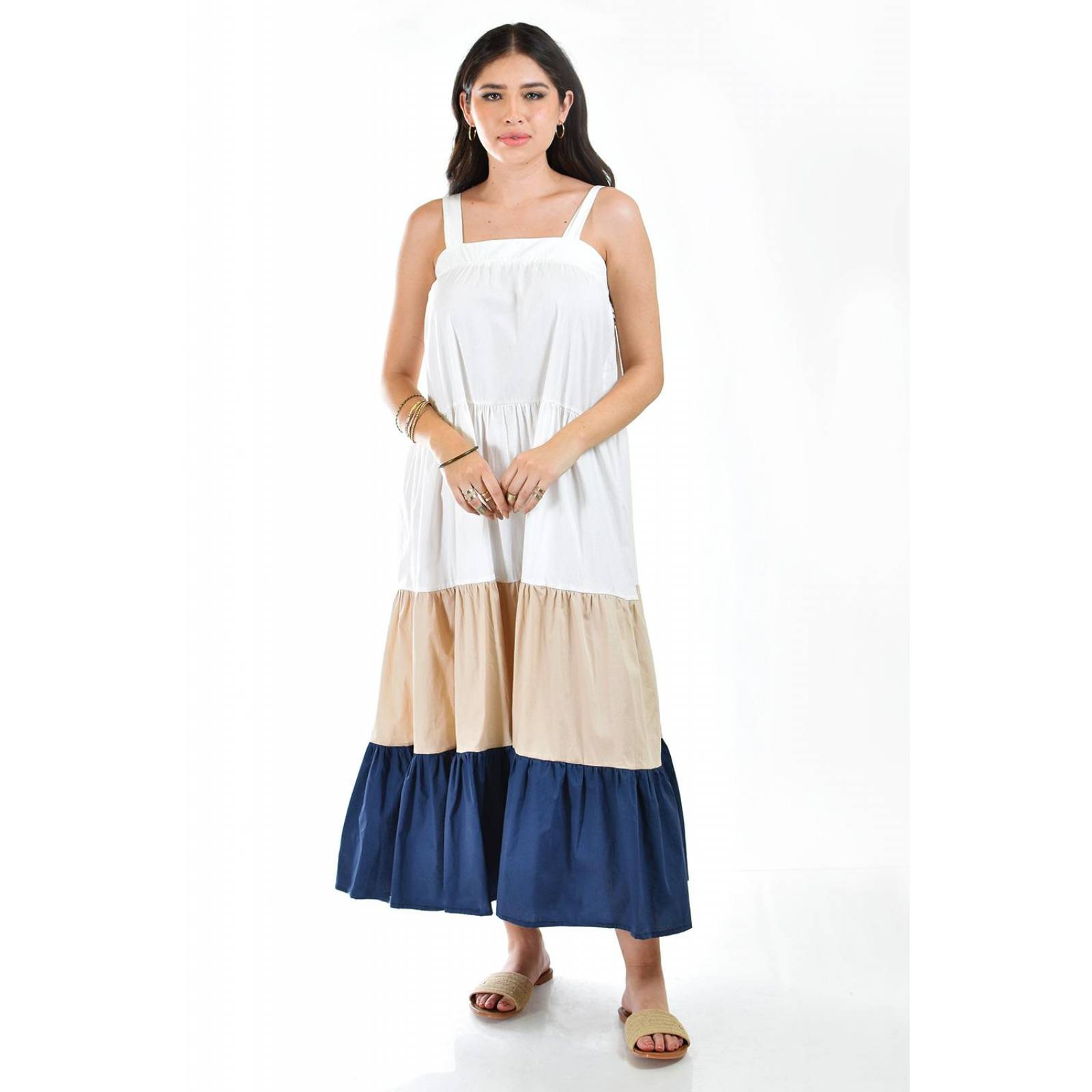Vestido de popelina tricolor Roman Fashion /Juvenil, 883 (Beige - Azul marino) 