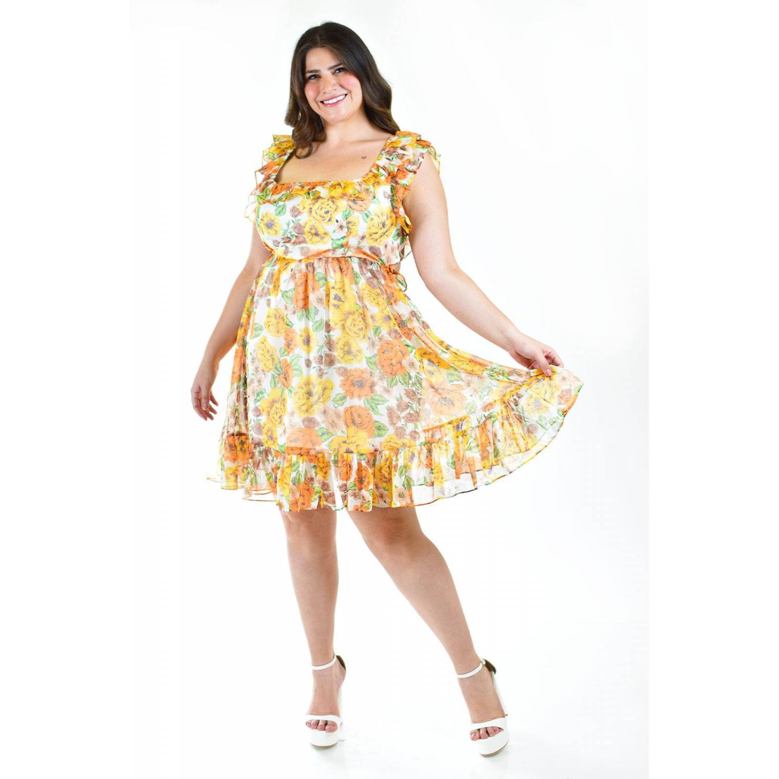 Vestido floreado de chiffon Roman Fasion /Tallas Extras, 1100 (Amarillo flores) 