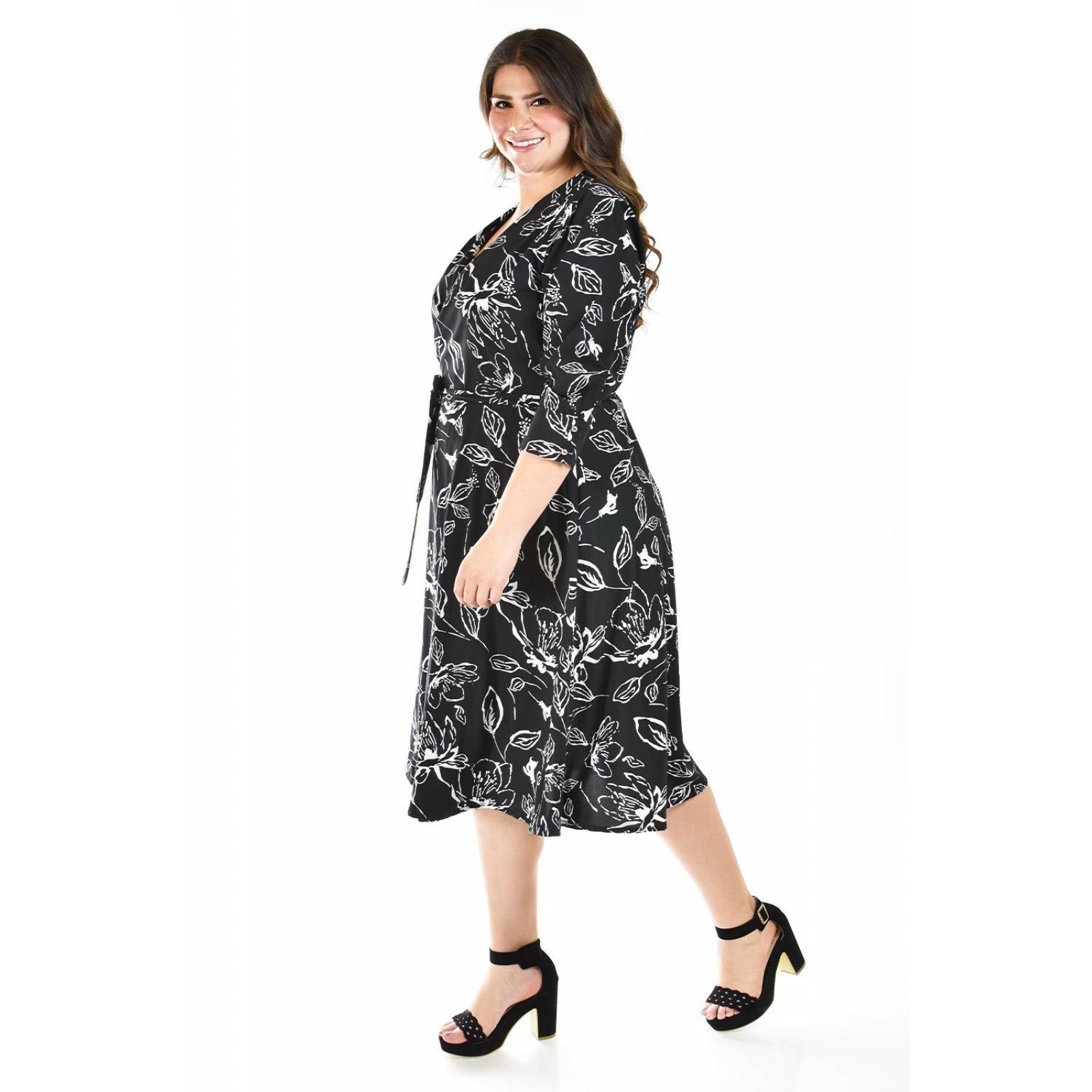 Vestido estampado hojas Roman Fashion /Tallas Extras, 1002 (Negro) 