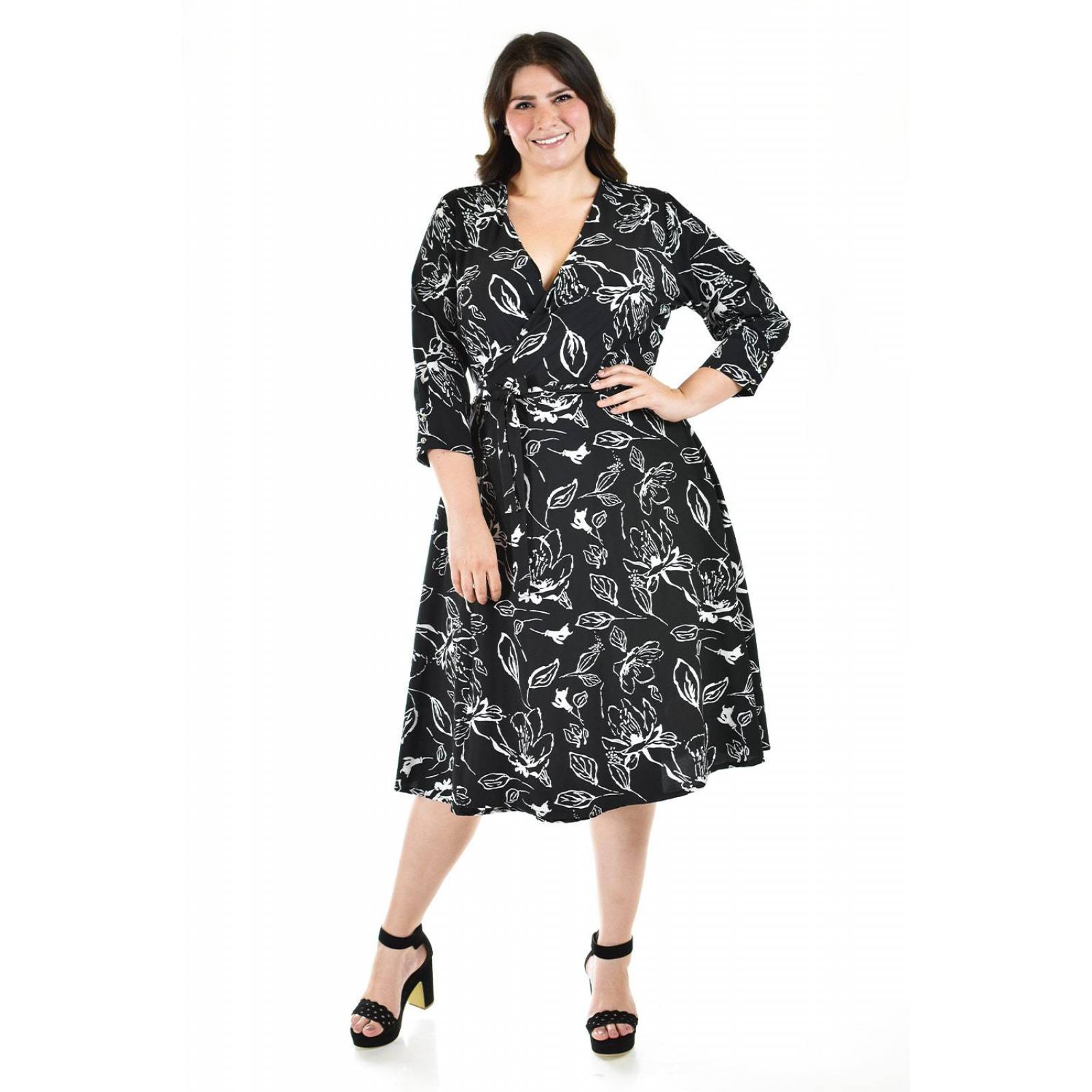 Vestido estampado hojas Roman Fashion /Tallas Extras, 1002 (Negro) 