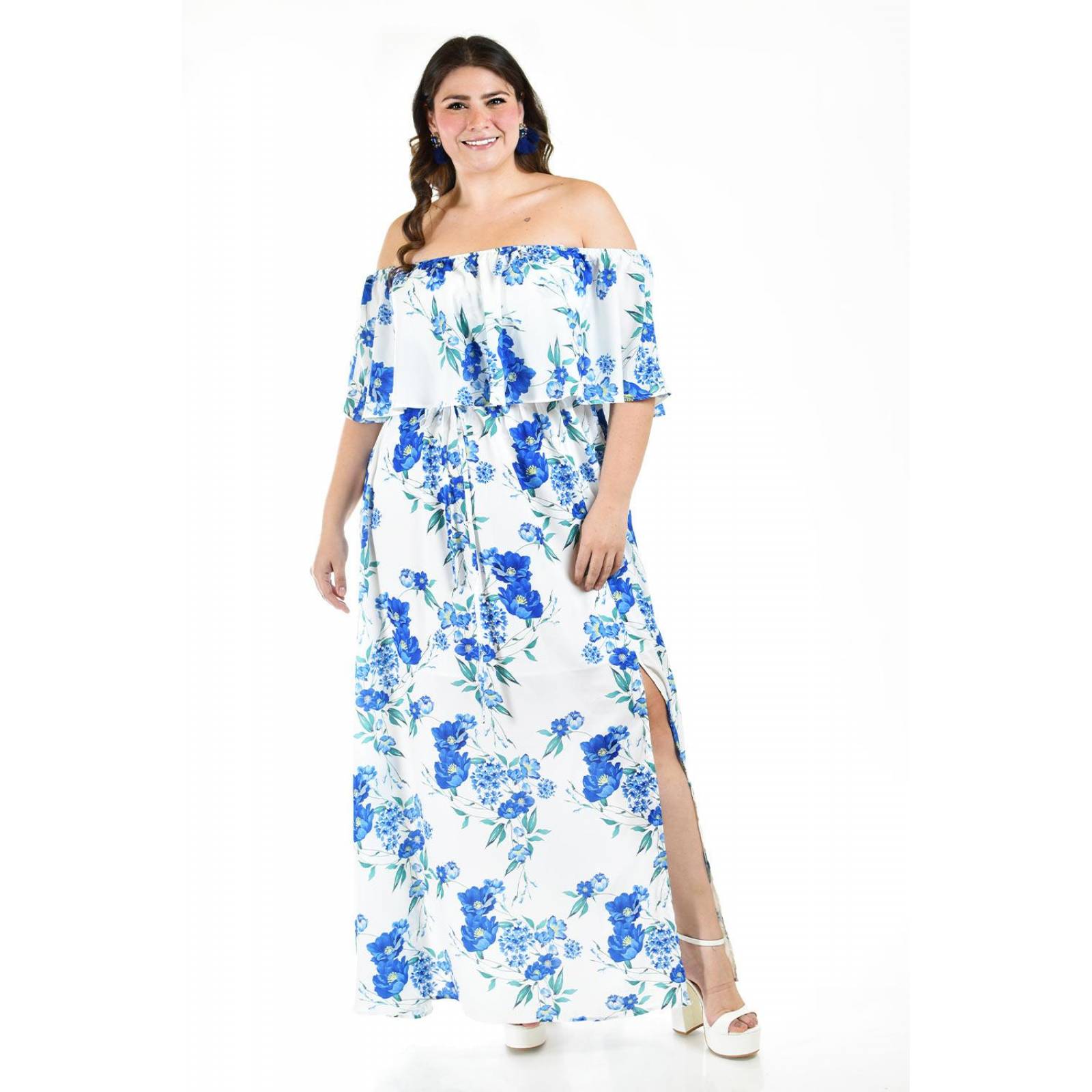 Vestido campesino largo Roman Fashion /Tallas Extras, 40208 (Blanco /Azul rey) 