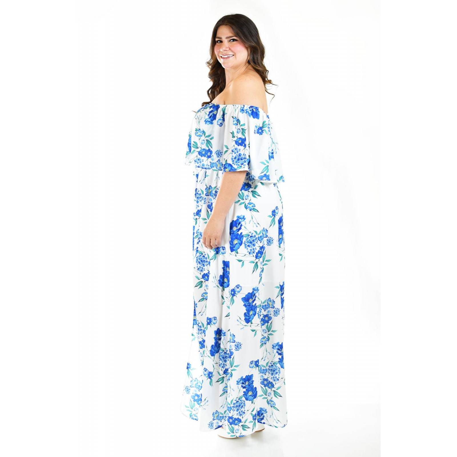 Vestido campesino largo Roman Fashion /Tallas Extras, 40208 (Blanco /Azul rey) 
