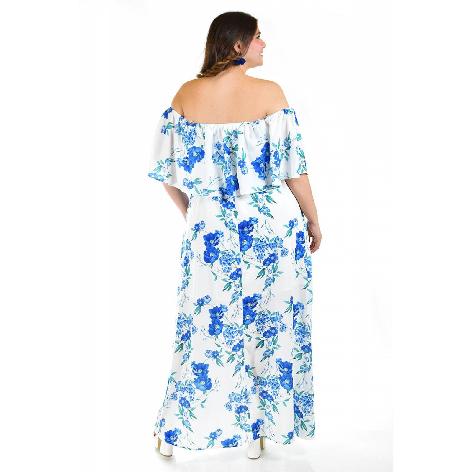 Vestido campesino largo Roman Fashion /Tallas Extras, 40208 (Blanco /Azul rey) 